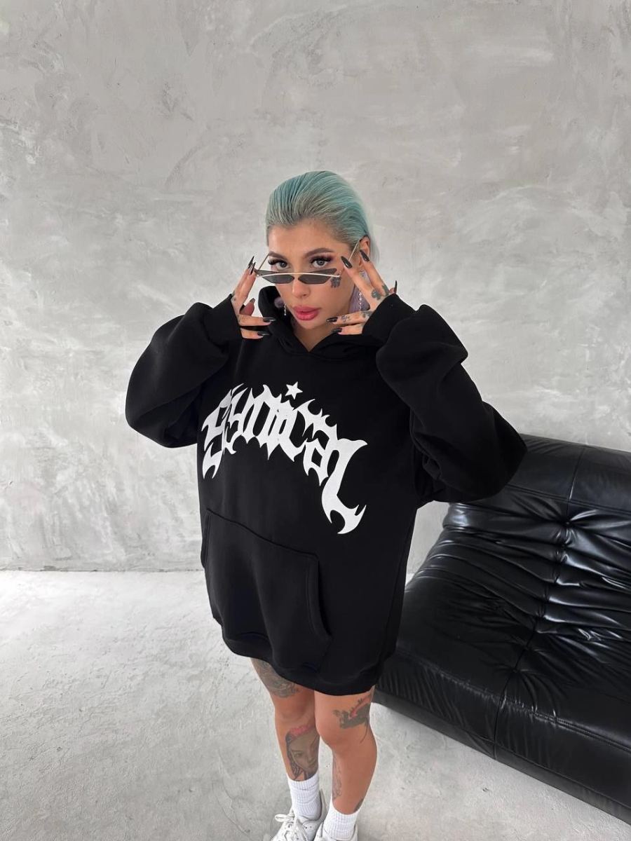 Kadın Oversize Kapüşonlu Cepli Baskılı 3 İplik Pamuklu Hoodie Sweatshirt - Siyah