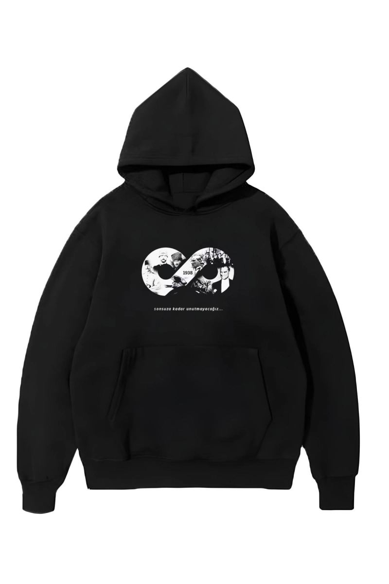 Erkek 10 Kasıma Özel 3 İplik Kapüşonlu Baskılı SweatShirt Hoodie - Siyah