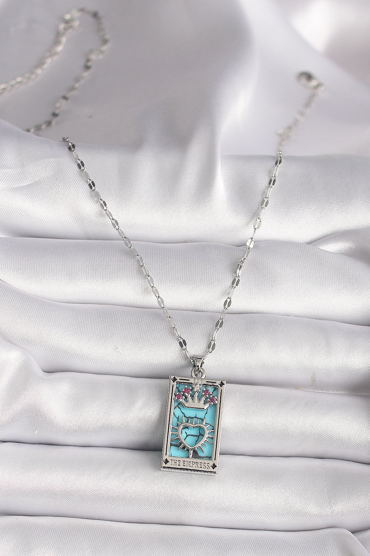 316L Çelik Gümüş Renk Pembe Zirkon Taşlı Taç Kalp Portre Model Kadın Kole