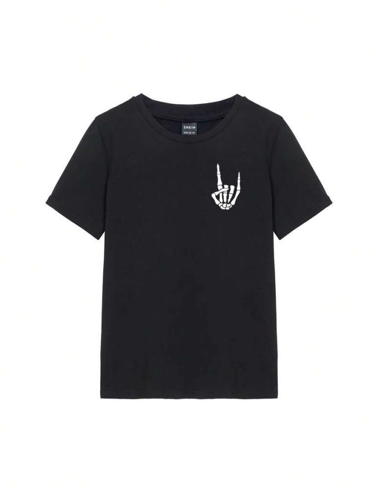 Kadın Baskılı T-Shirt Kısa Kol Bisiklet Yaka Oversize Rahat Kalıp Tişört - Siyah