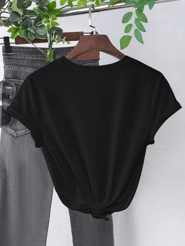 Kadın Kalp Baskılı T-Shirt Kısa Kol Bisiklet Yaka Oversize Tişört - Siyah