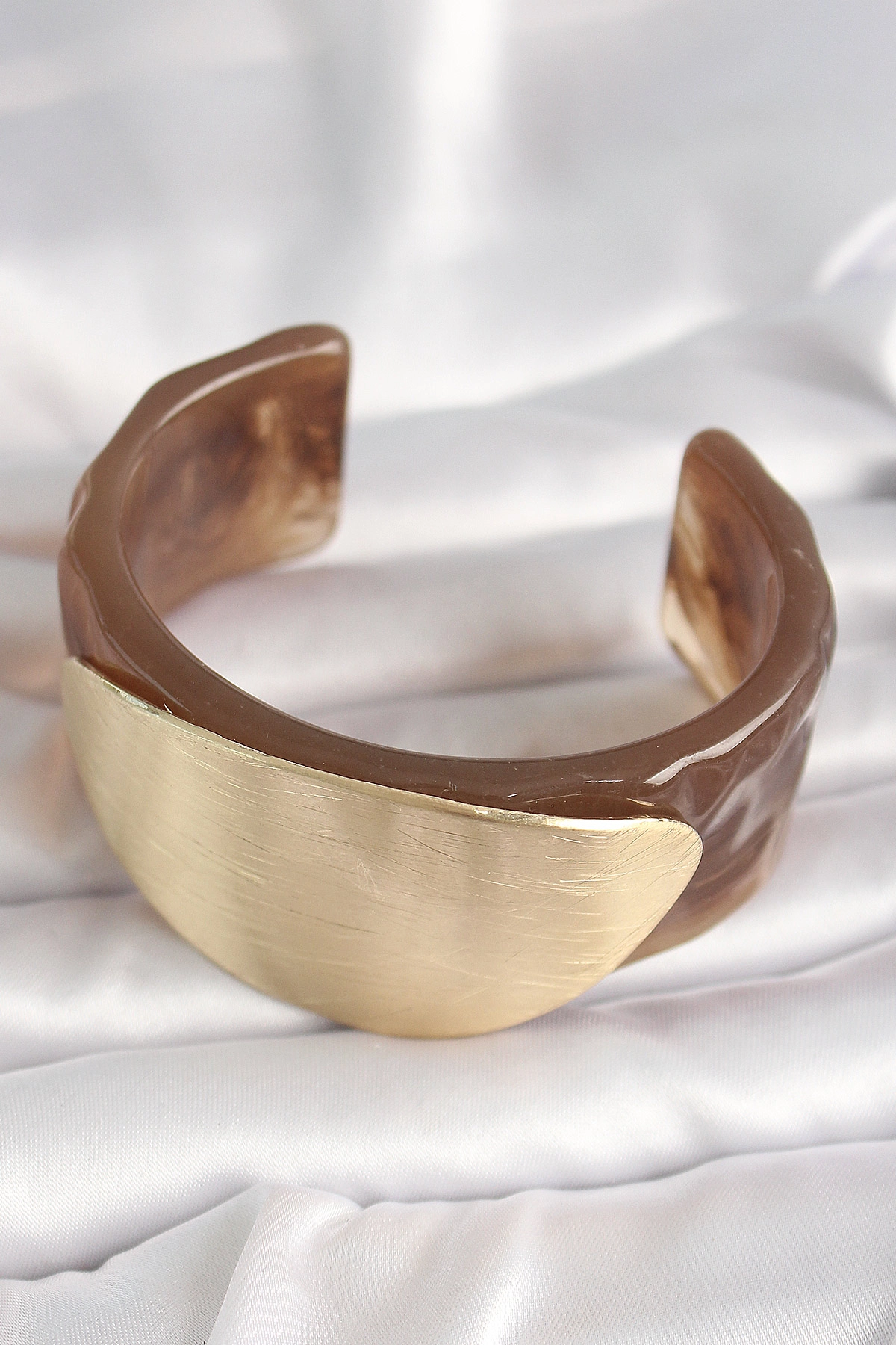 Kahverengi Mermer Desen Akrilik Plastik Gold Oval Plaka Model Vintage Kadın Bilezik