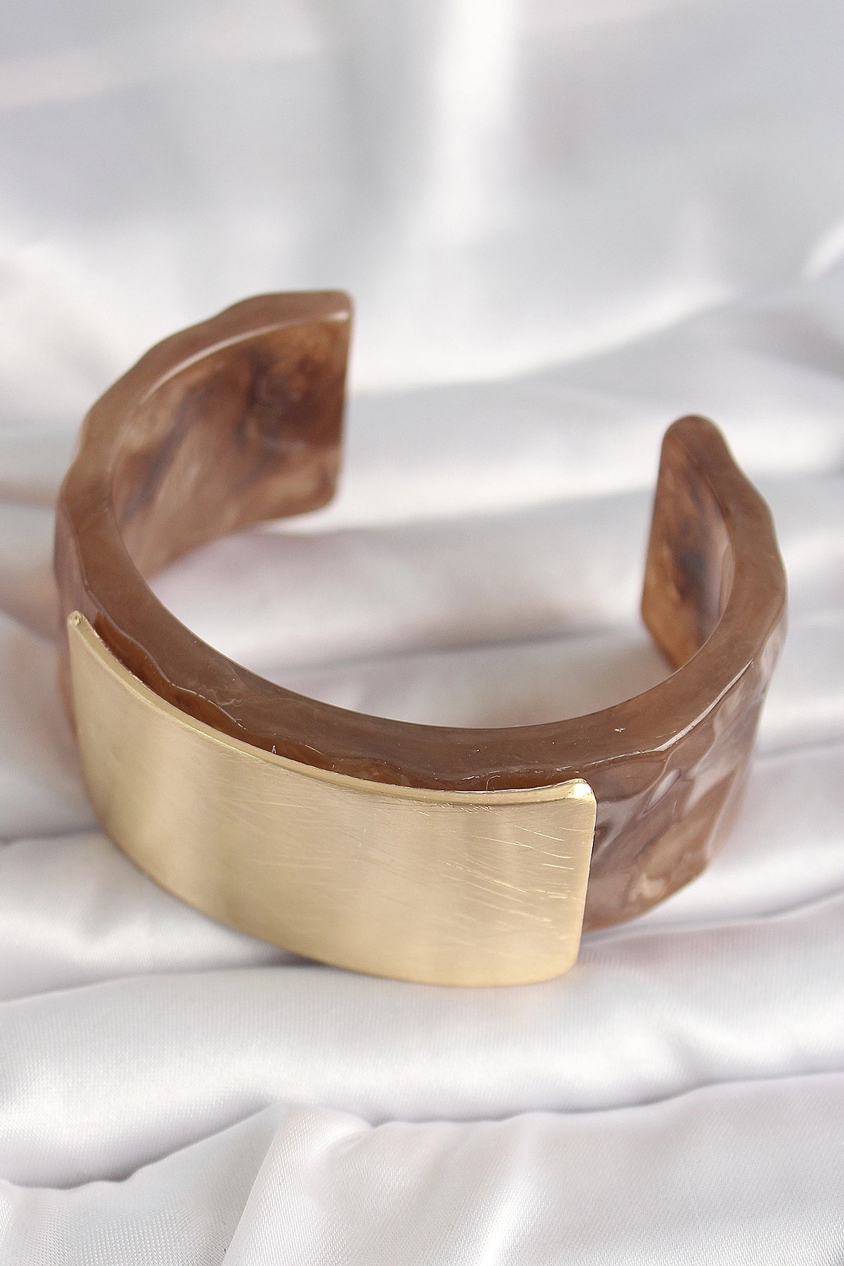 Kahverengi Mermer Desen Akrilik Platik Gold Dikdörtgen Plaka Model Vintage Kadın Bilezik