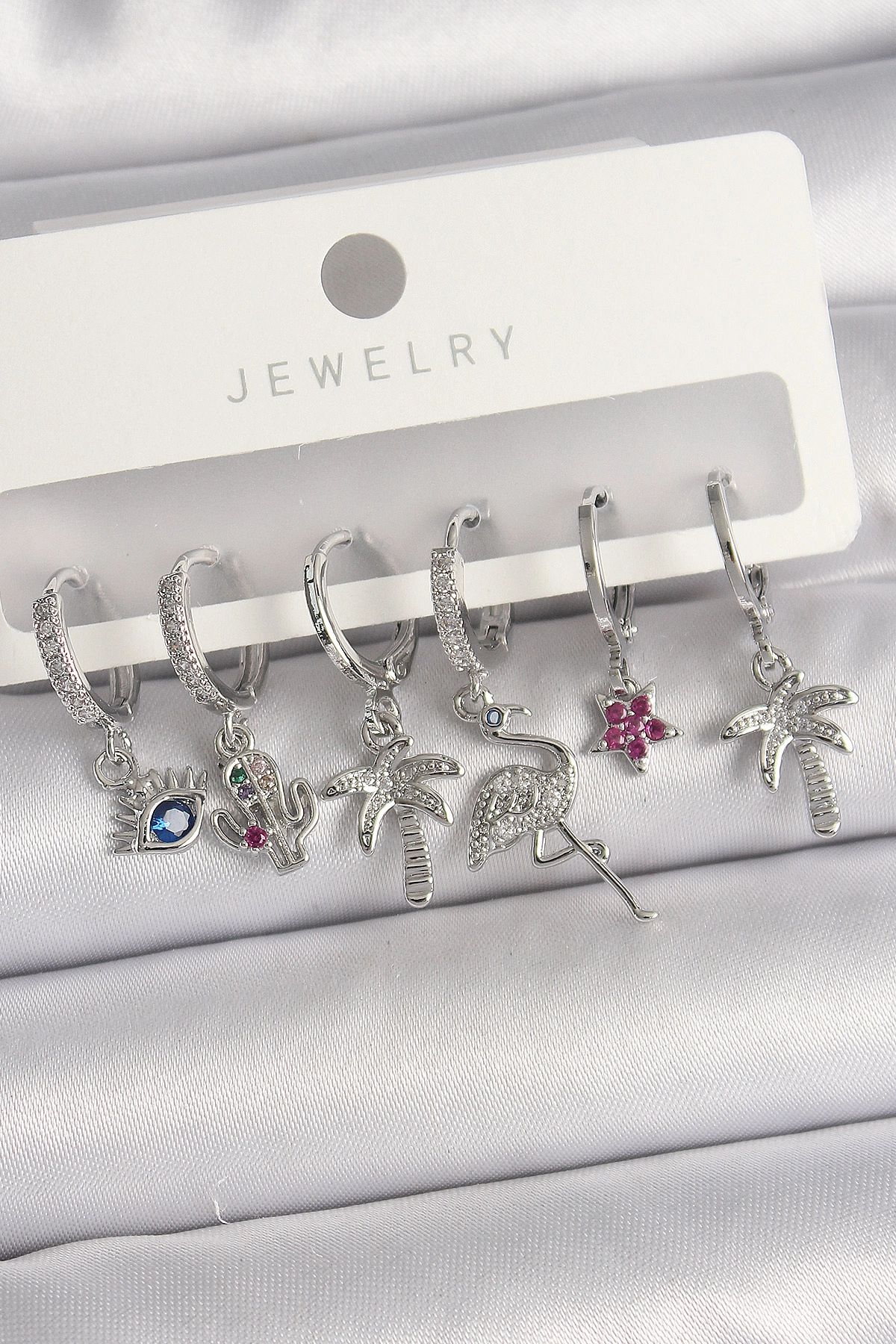 Pirinç Gümüş Renk Sallantı Zirkon Taşlı Deve Kuşu Figür Çoklu Kadın Küpe Seti