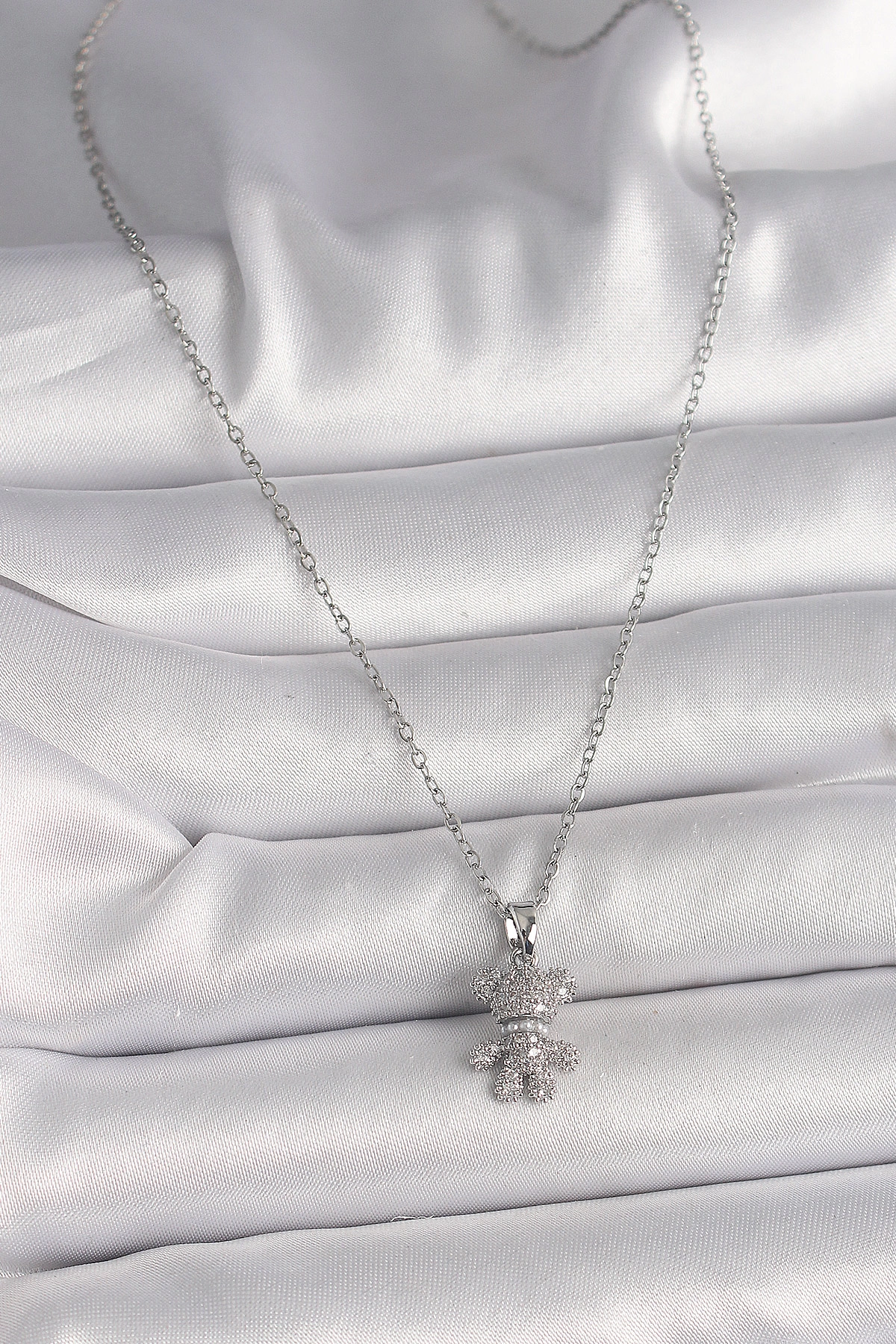 316L Çelik Gümüş Renk Zincir Zirkon Taşlı Ayıcık Figür Kadın Kolye