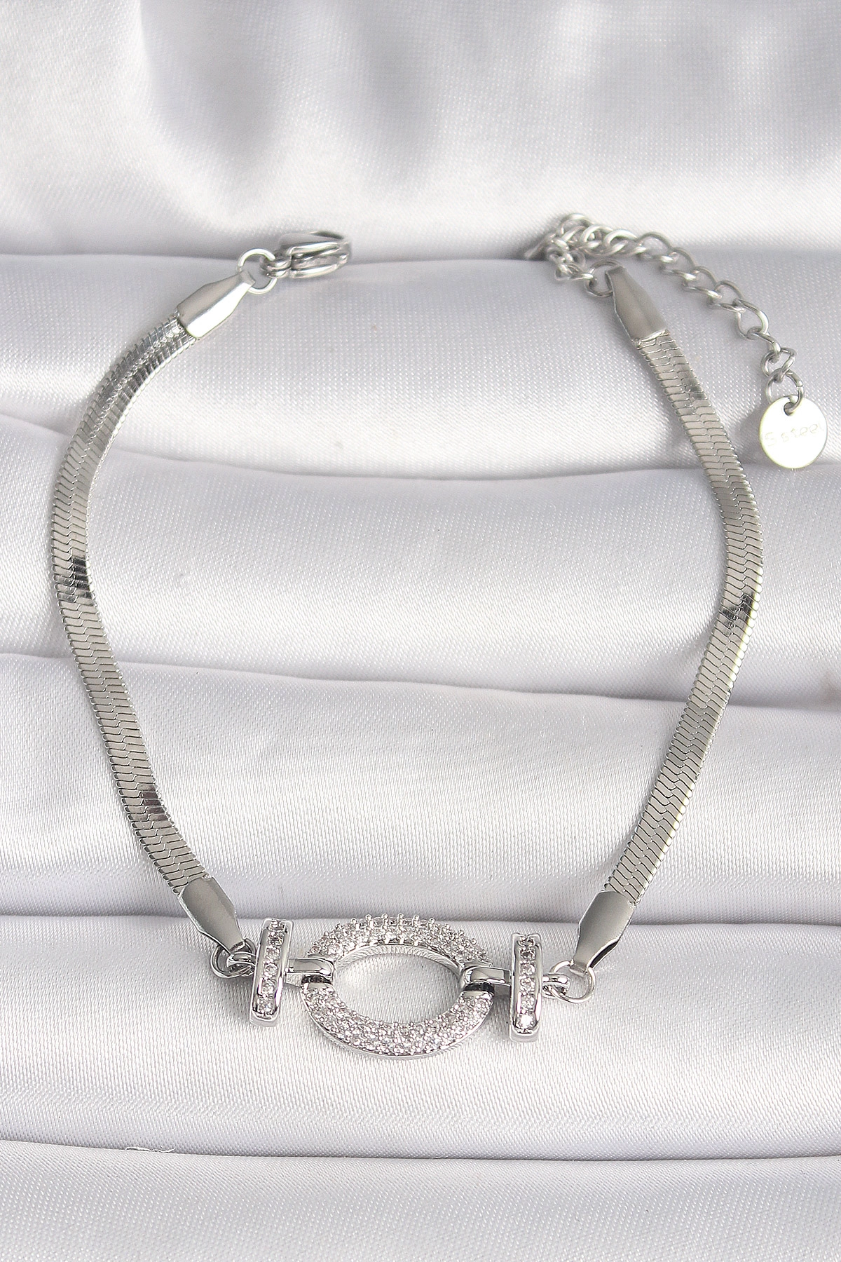 316L Çelik Gümüş Renk İtalyan Zincir Model Zirkon Taşlı Halka Figür Kadın Bileklik