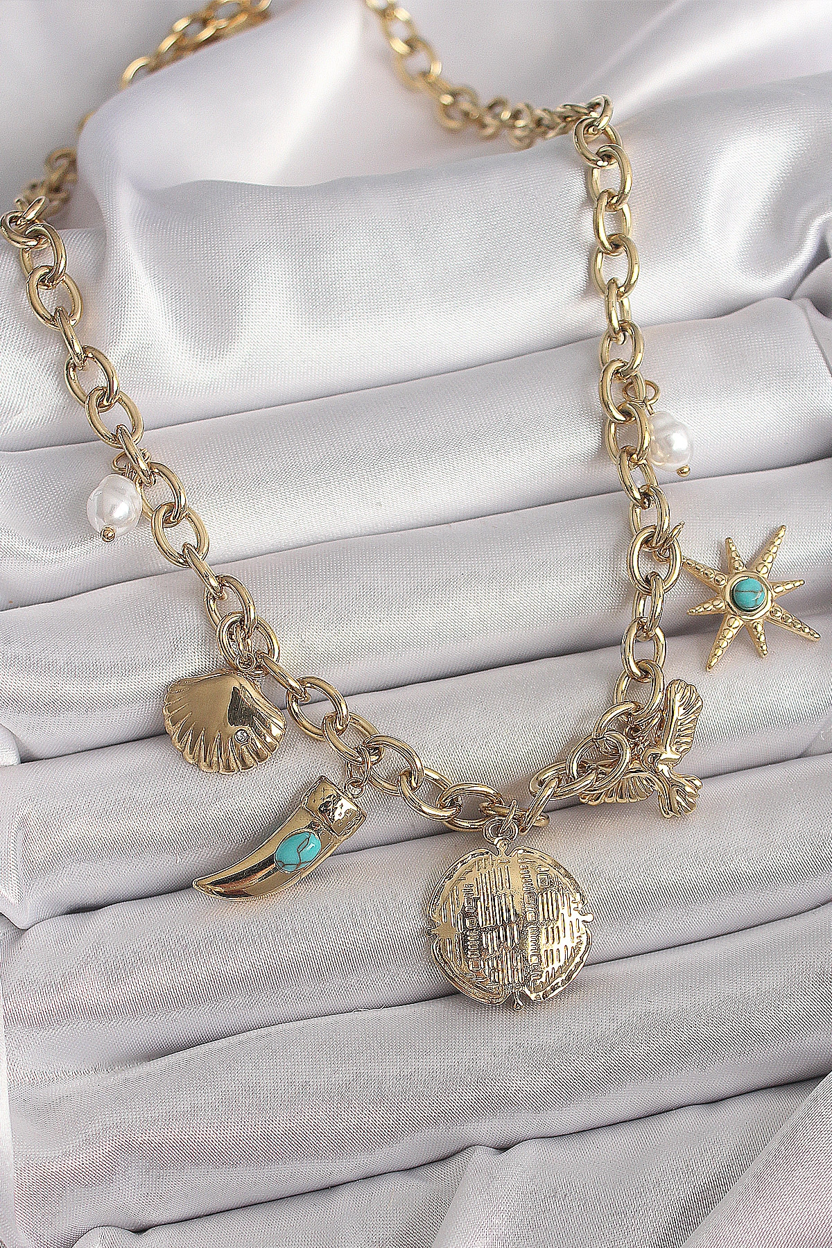 316L Çelik Gold Renk Zincir Sallantılı Çoklu Figür Model Kadın Kolye