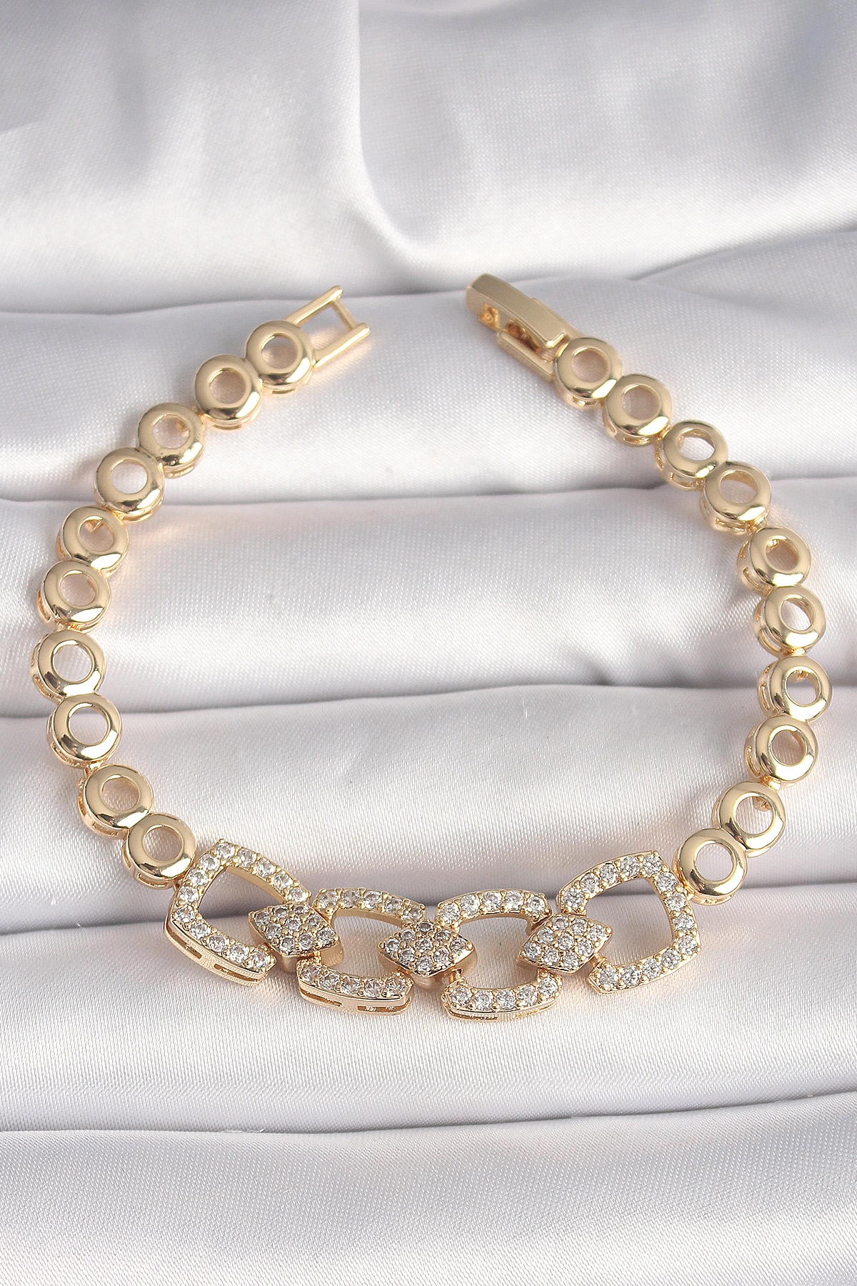 Pirinç Gold Renk Zirkon Taşlı Daire Zincir Model Kadın Bileklik
