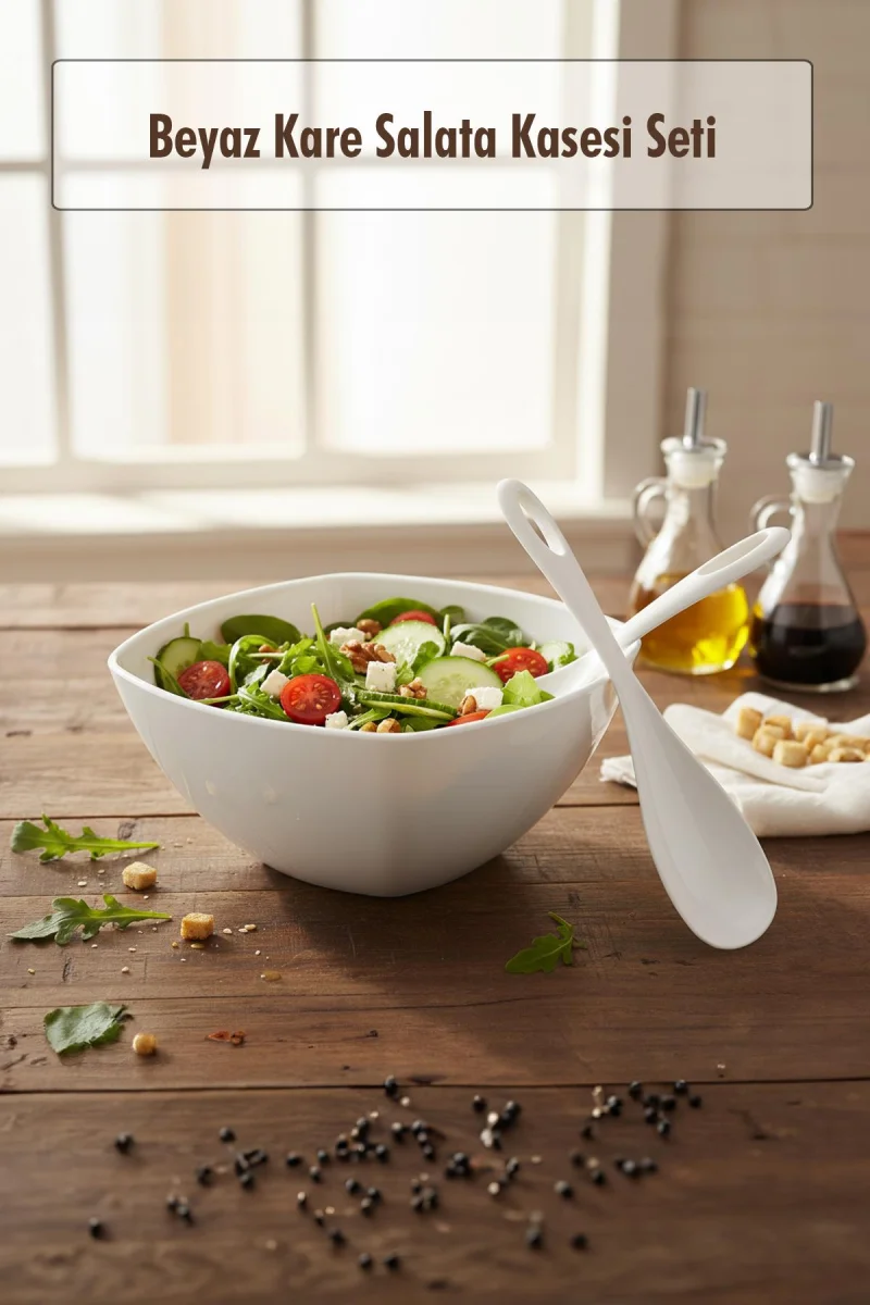 3,5 Lt Beyaz Akrilik Kare Salata ve Servis Kasesi Seti – 3 Parça