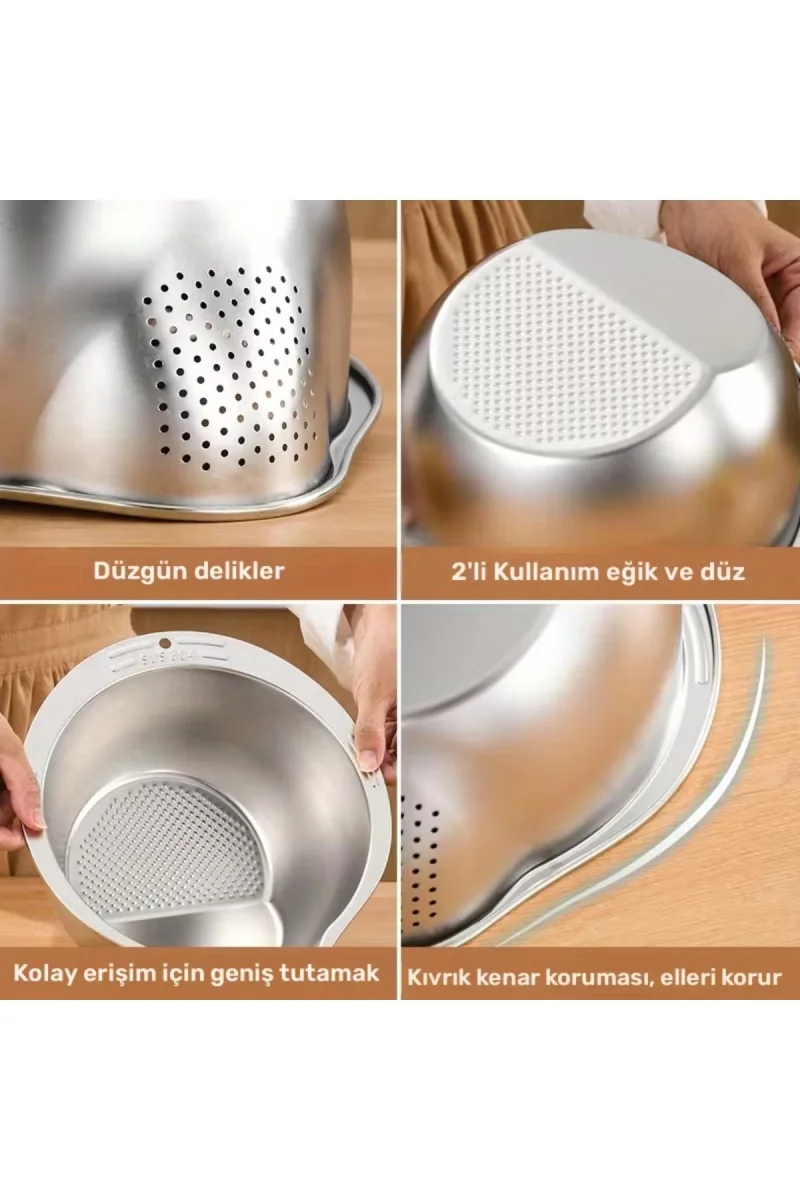 Paslanmaz Çelik Makarna Pirinç Sebze Meyve Yıkama Süzgeci 25x27x11 cm