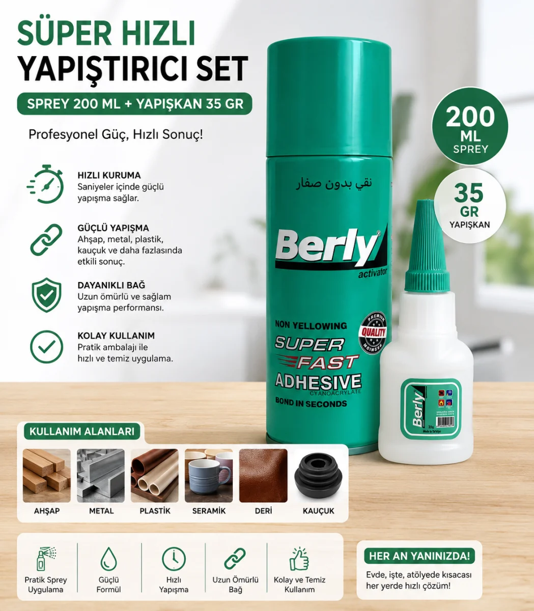Hızlı Yapıştırıcı Seti 200 ML Sprey Aktivator + 35 Gr Güçlü Japon Yapıştırıcı | Ahşap Metal Plastik Deri Uyumlu