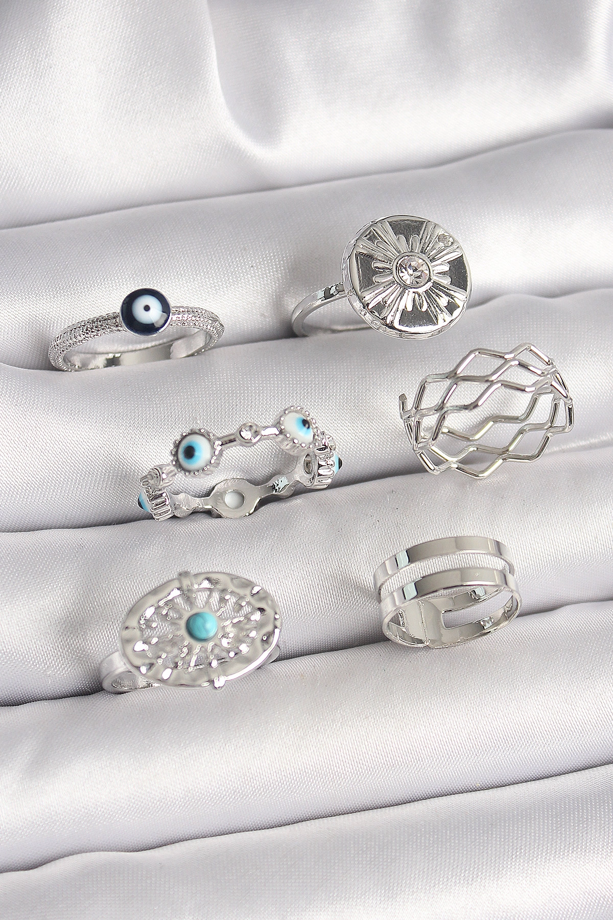 Pirinç Gümüş Renk Nazar Boncuk Zirkon Taş Detaylı Dalga Figür Kadın Yüzük Kombini