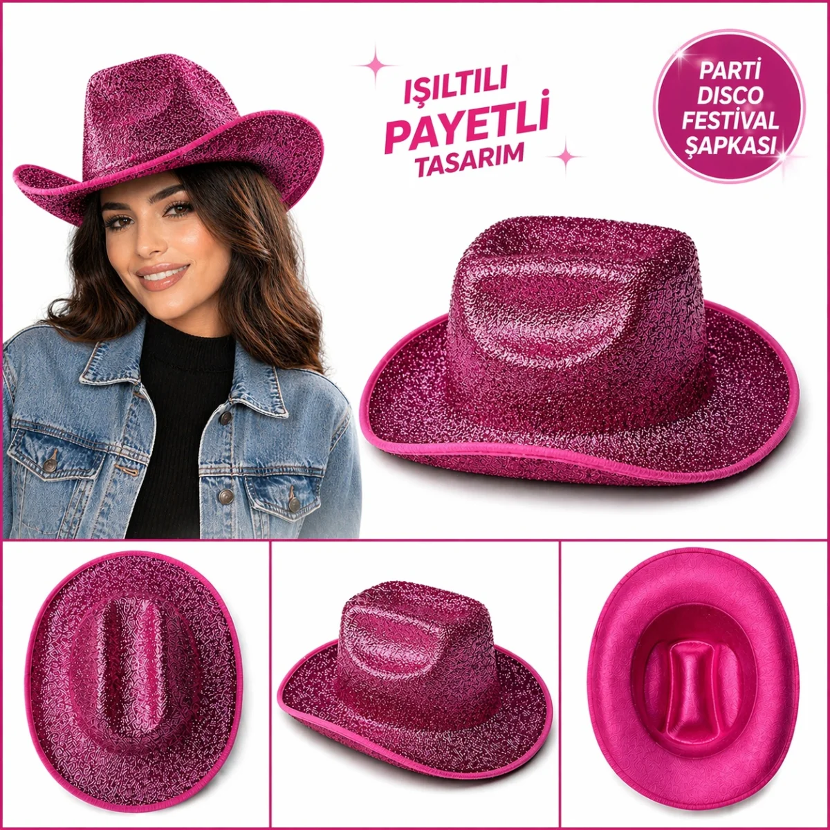Parlak Pembe Kovboy Şapka Kadın Erkek Parti Disco Festival Şapkası