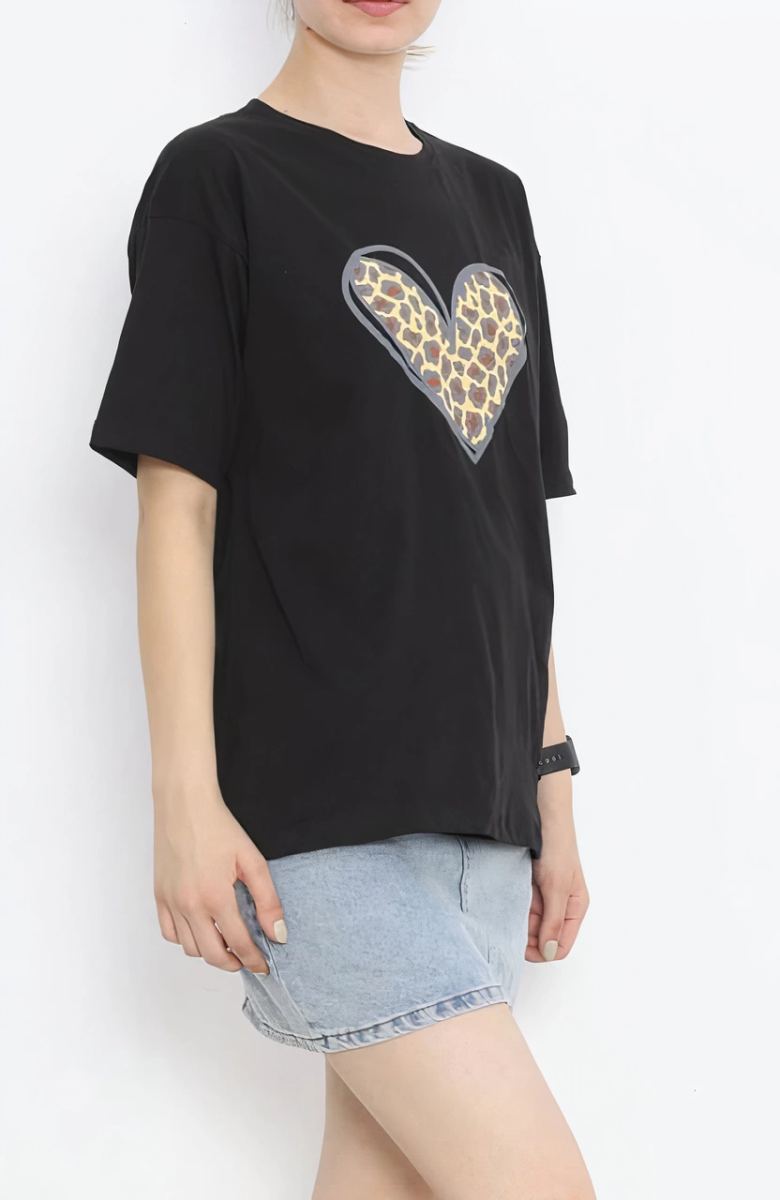 14 Şubat Tişört Sevgililer Günü İçin Özel Tasarım Leopar Kalp Baskılı T-shirt - Siyah
