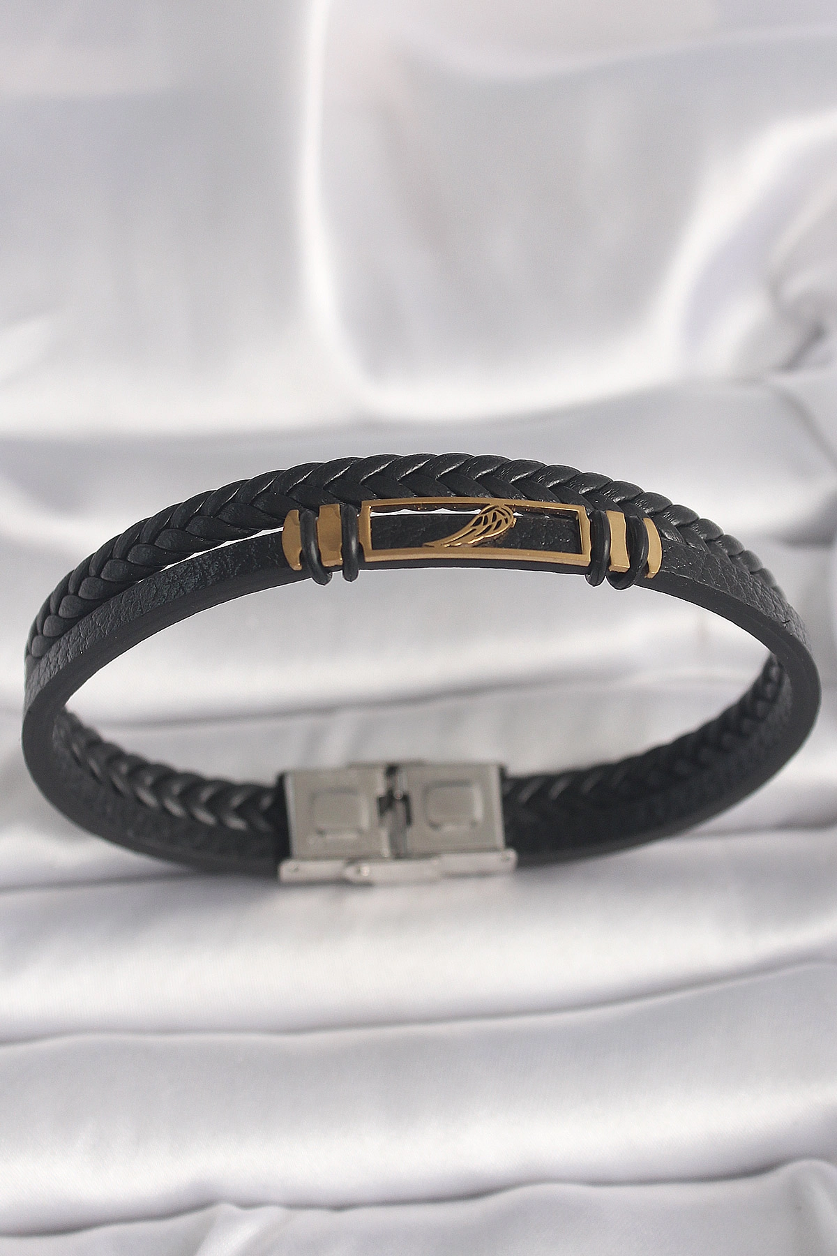 316L Çelik Gold Renk Kanat Aksesuarlı Siyah Burgu Model Deri Kordon Erkek Bileklik