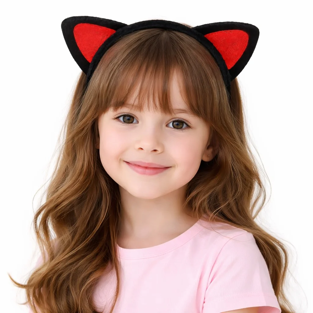 Peluş Kedi Kulak Taç Kırmızı Siyah – Çocuk Parti & Kostüm Tacı