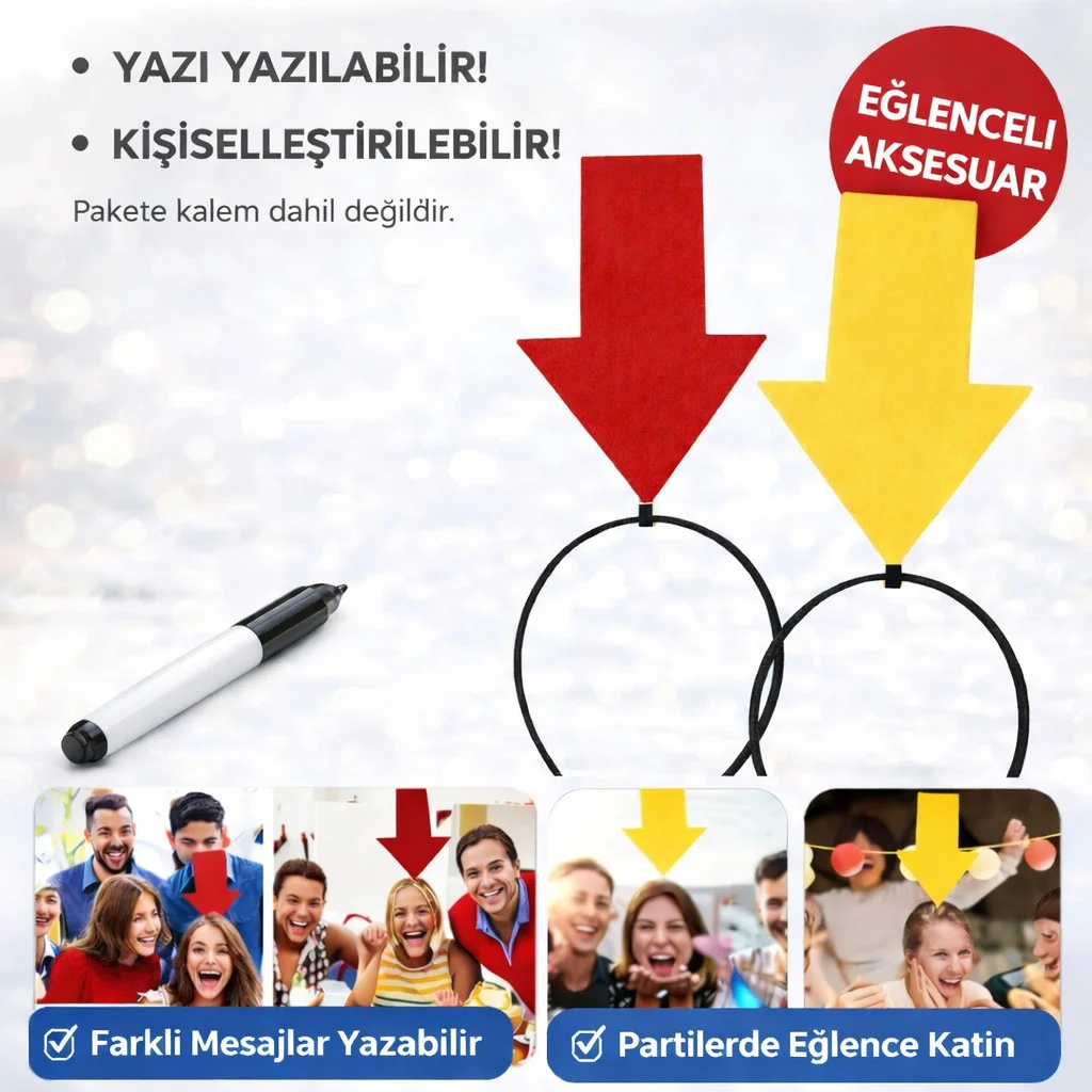 Kişiselleştirilebilir Ok İşaretli Mesaj Tacı (2’li Set Sarı-Kırmızı)