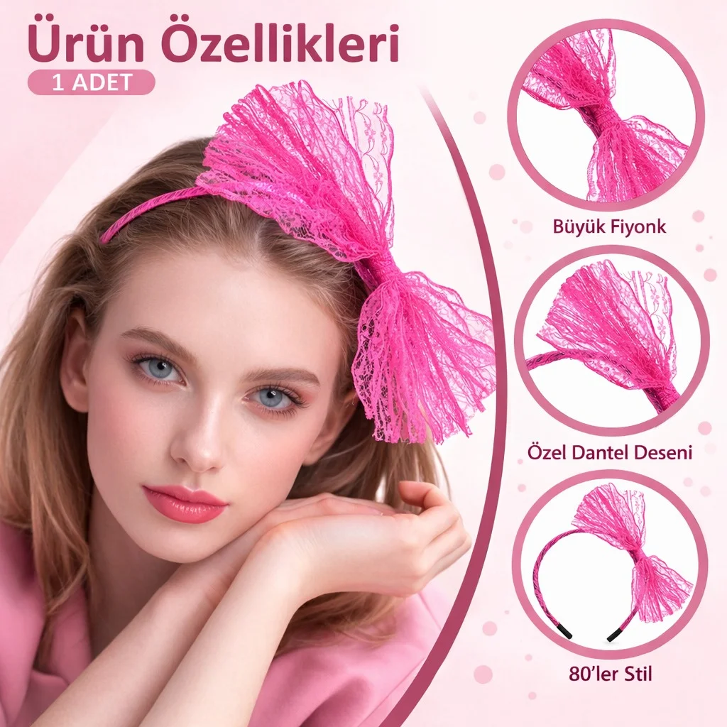 80’ler 90’lar Neon Pembe Dantel Taç Fiyonklu