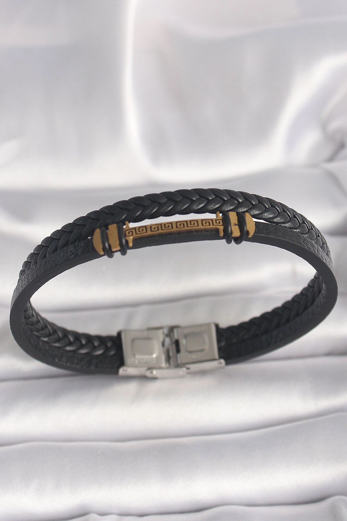 316L Çelik Gold Renk ZikZak İşlemeli Aksesuarlı Çift Sıra Burgu Desenli Deri Kordon Erkek Bileklik