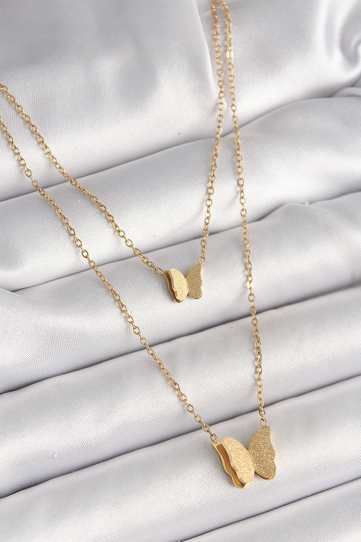 316L Çelik Gold Renk 2'Li Simli Kelebek Model Kadın Kolye