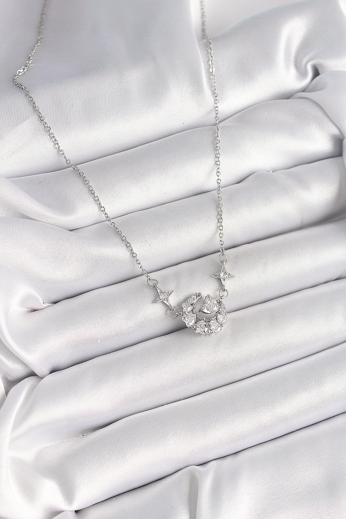 316L Çelik Gümüş Renk Zirkon Taşlı Hilal Kalp Model Kadın Kolye