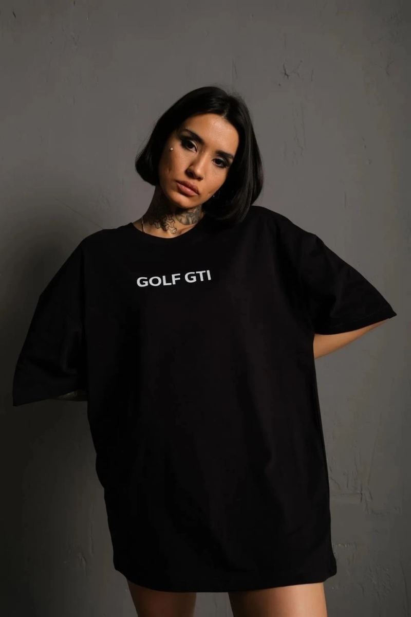 Kadın Oversize Tişört Golf GTI Retro Araba Baskılı T-shirt- Siyah