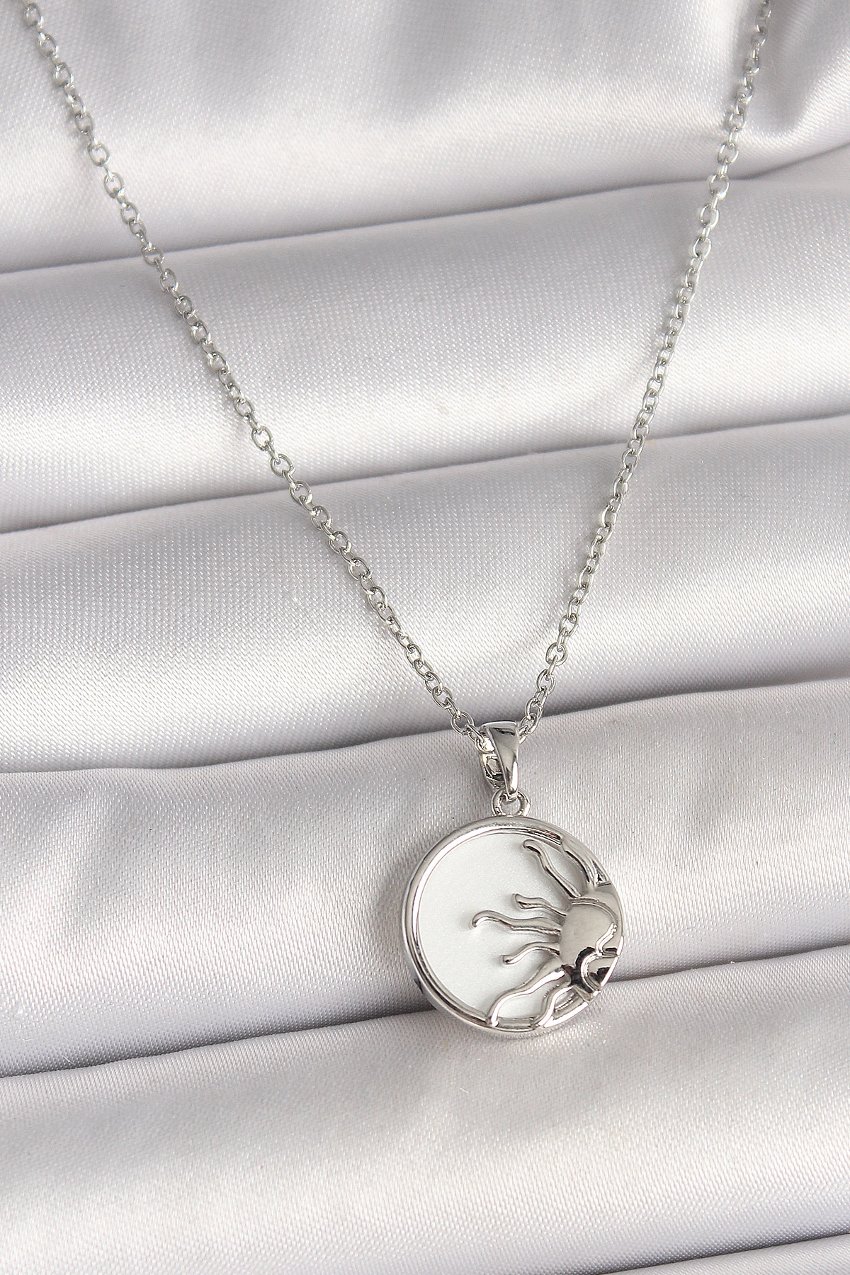 316L Çelik Gümüş Renk Zincir Beyaz Mineli Gün Batımı Model Kadın Kolye