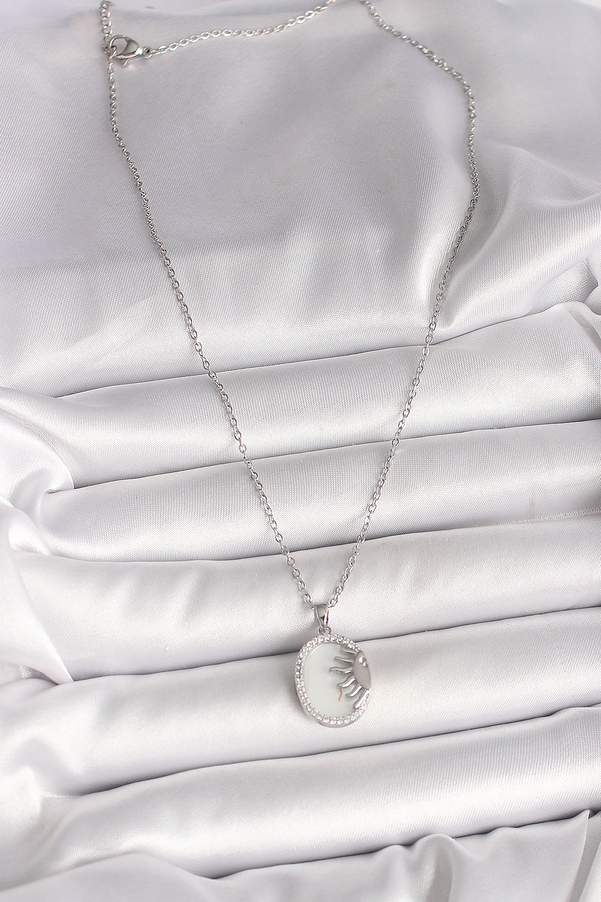 316L Çelik Gümüş Renk Zincir Beyaz Mineli Gün Batımı Model Zirkon Taş Detaylı Kadın Kolye