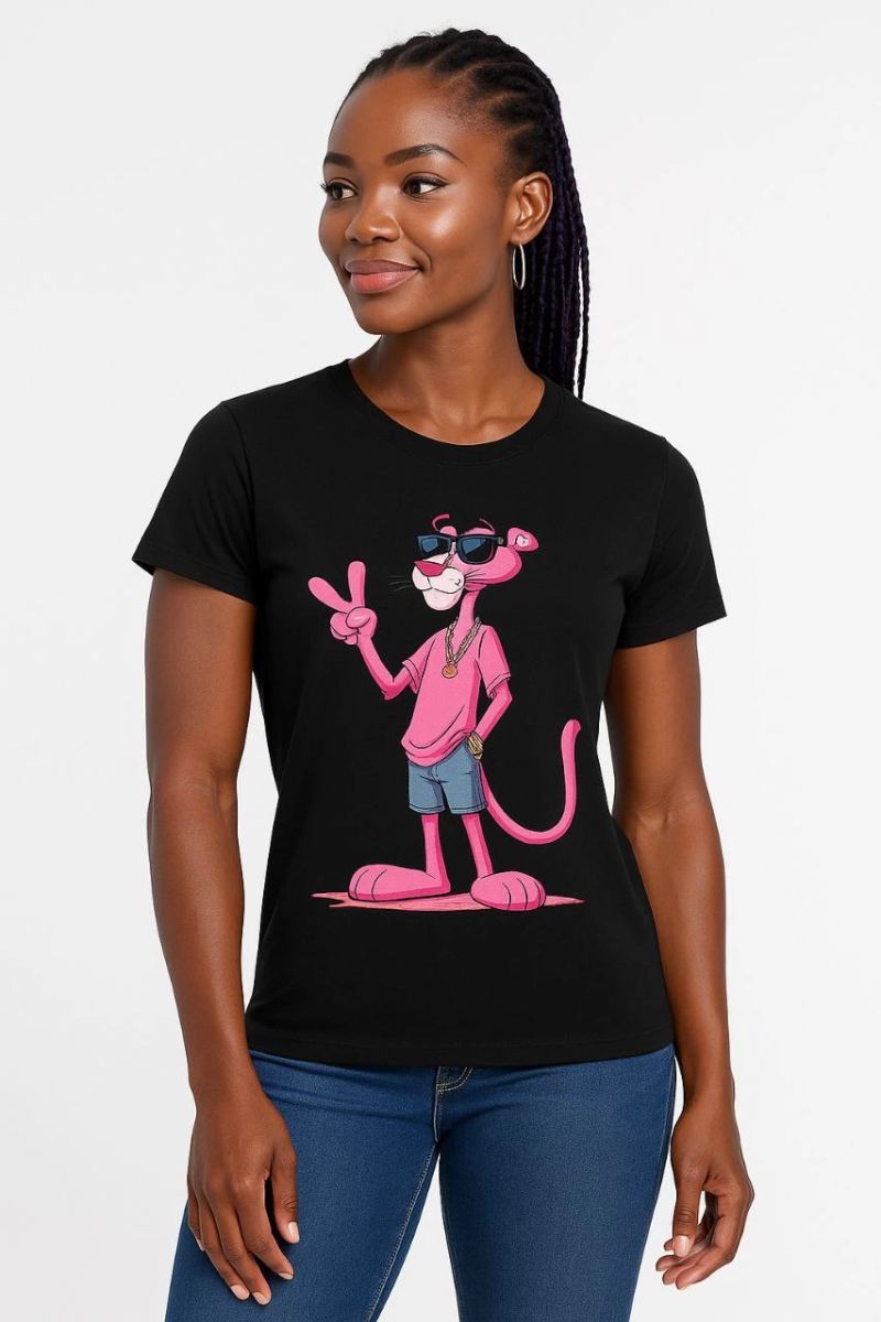 Kadın Bisiklet Yaka Kısa Kollu Baskılı T-shirt - Siyah