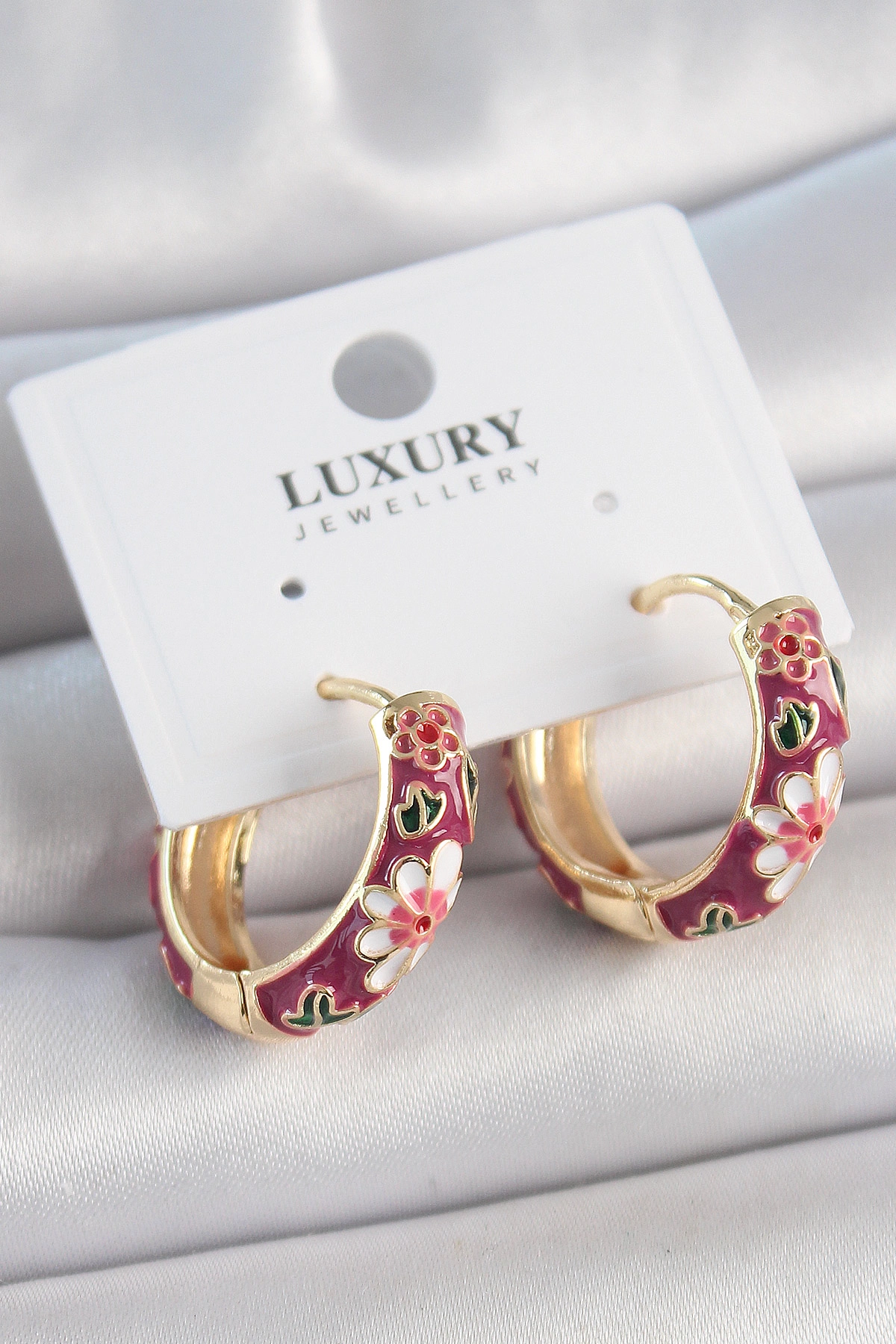 Pirinç Gold Renk Halka Mor Çiçek Mineli Kadın Küpe