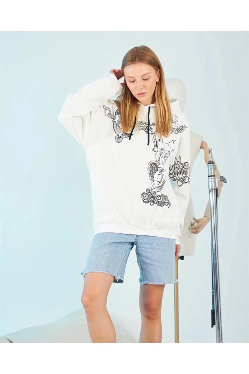 Kadın Oversize Kapüşonlu Baskılı 3 İplik Pamuklu Hoodie Sweatshirt - Beyaz
