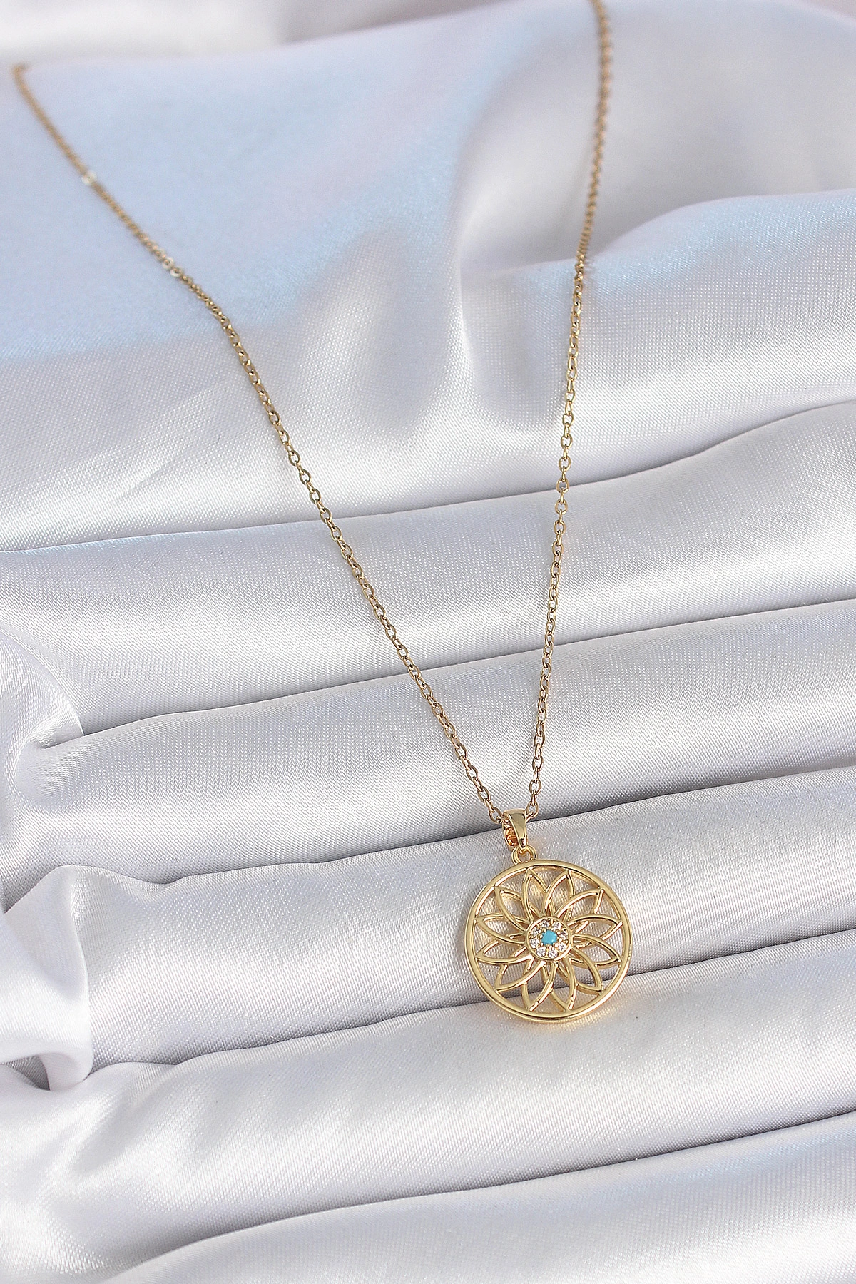 316L Çelik Gold Renk Zincr Mavi Taşlı Lotus Model Kadın Kolye