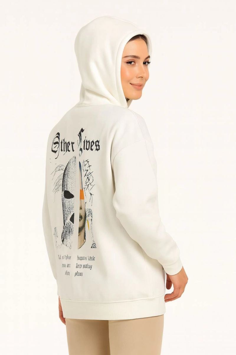 Kadın Oversize Kapüşonlu Kanguru Cepli Baskılı 3 İplik Pamuklu Sweatshirt Hoodie -   Beyaz