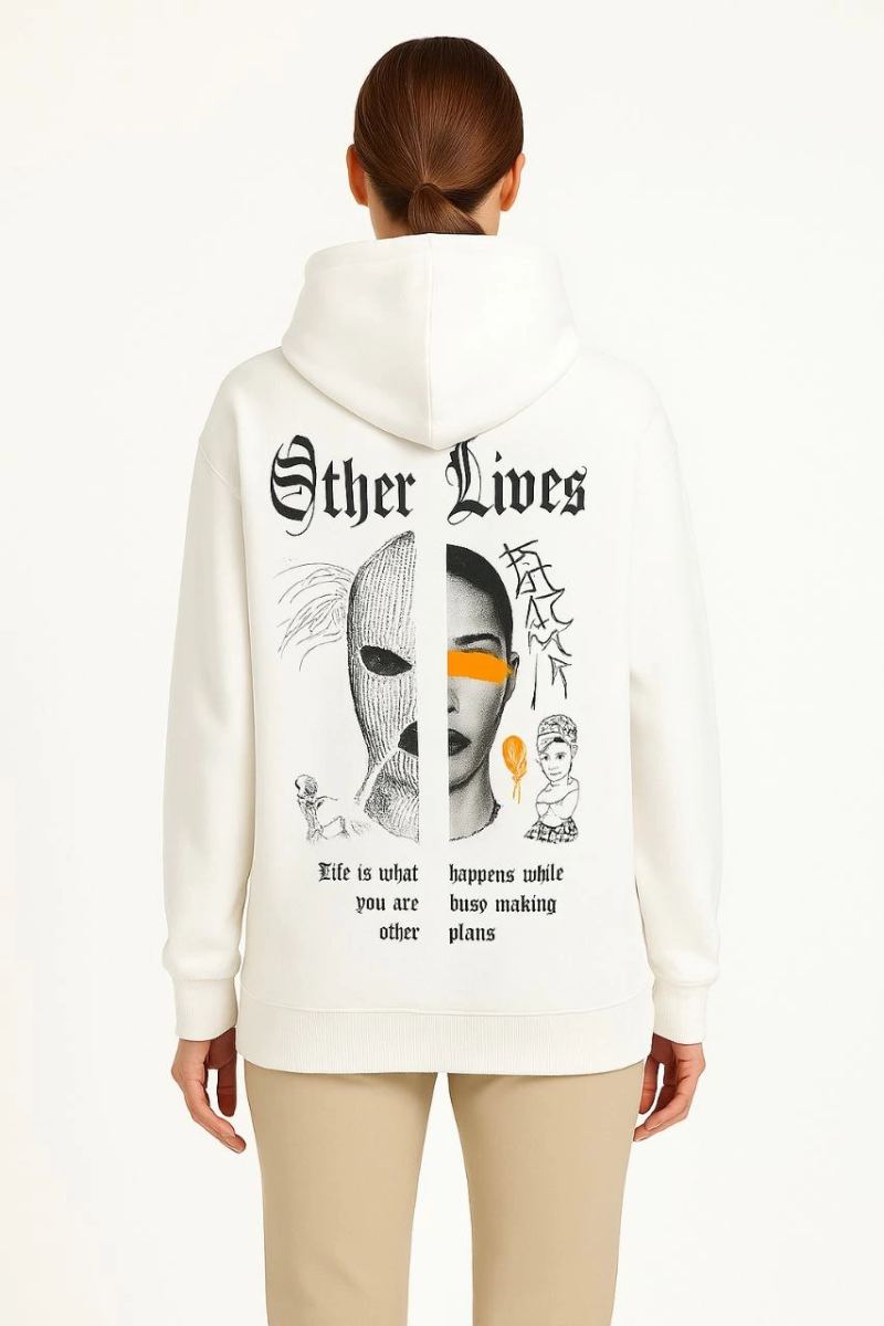 Kadın Oversize Kapüşonlu Kanguru Cepli Baskılı 3 İplik Pamuklu Sweatshirt Hoodie -   Beyaz