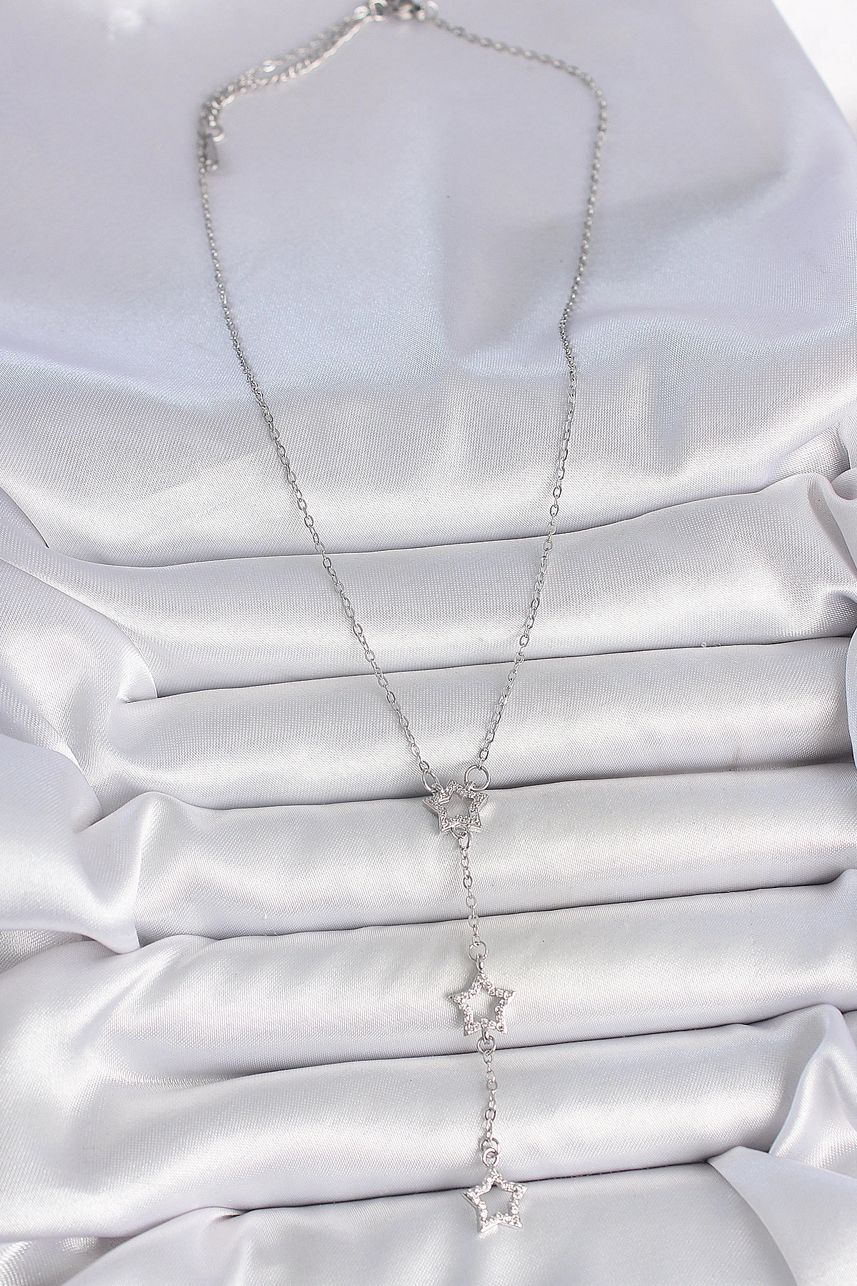 316L Çelik Gümüş Renk Zincir Zirkon Taşlı Yıldız Y Model Kadın Kolye