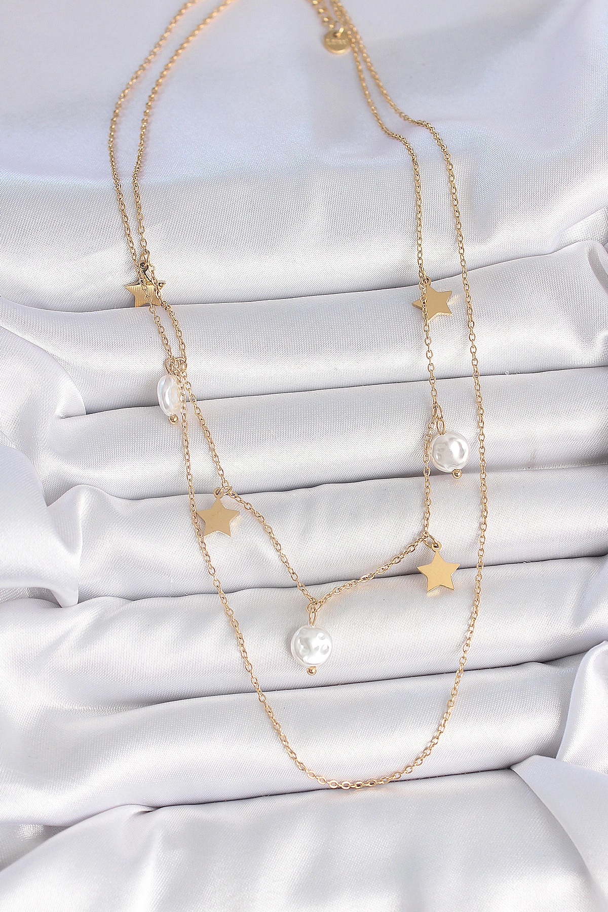 316L Çelik Gold Renk 2'Li Zincir Sallantı Yıldız İnci Model Kadın Kolye