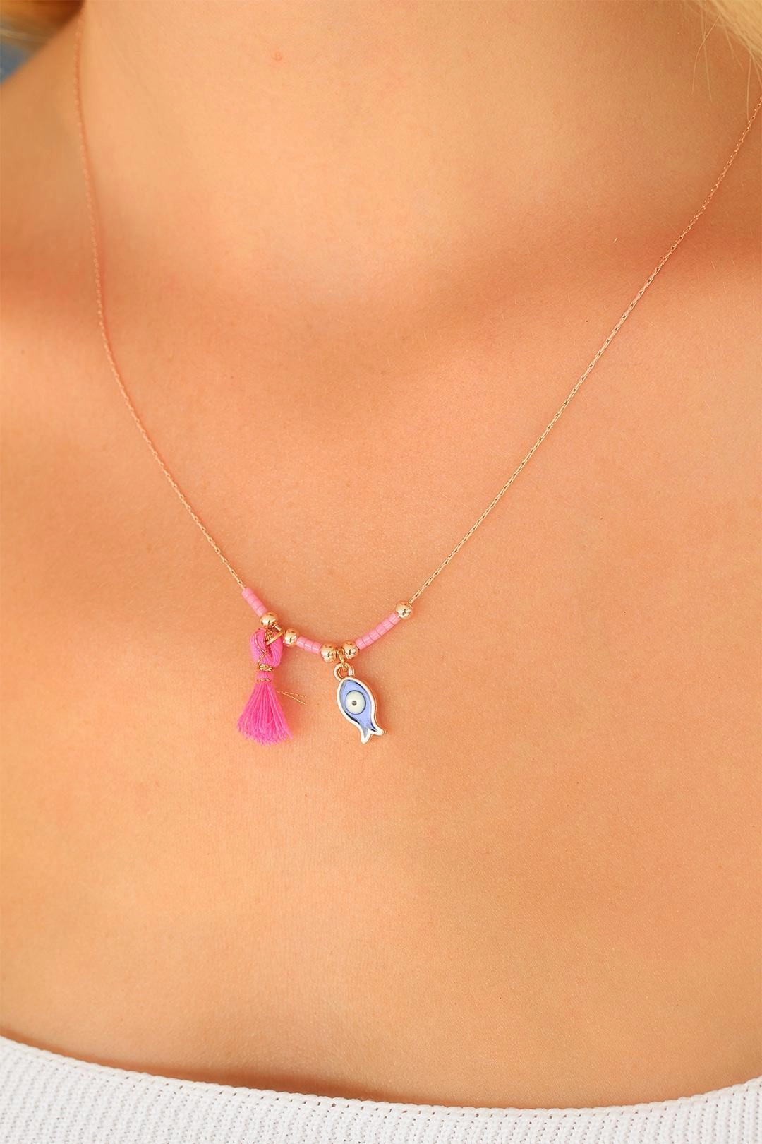 Nazar Boncuklu Pembe Renk Taşlı Rose Bayan Kolye