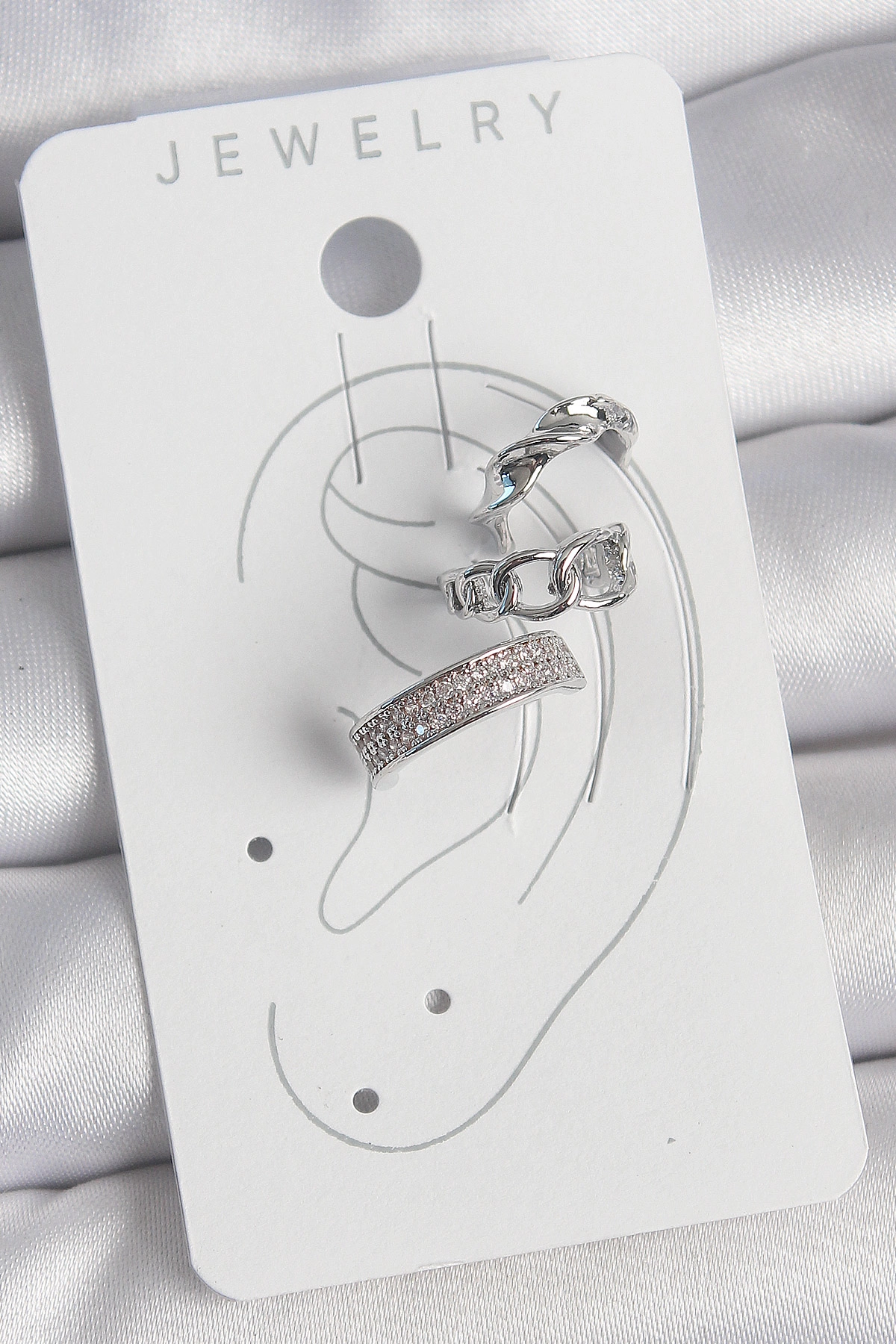 Pirinç Gümüş Renk Zirkon Taşlı 3'Lü Zincir Sarmal Model Kadın Kıkırdak Küpe