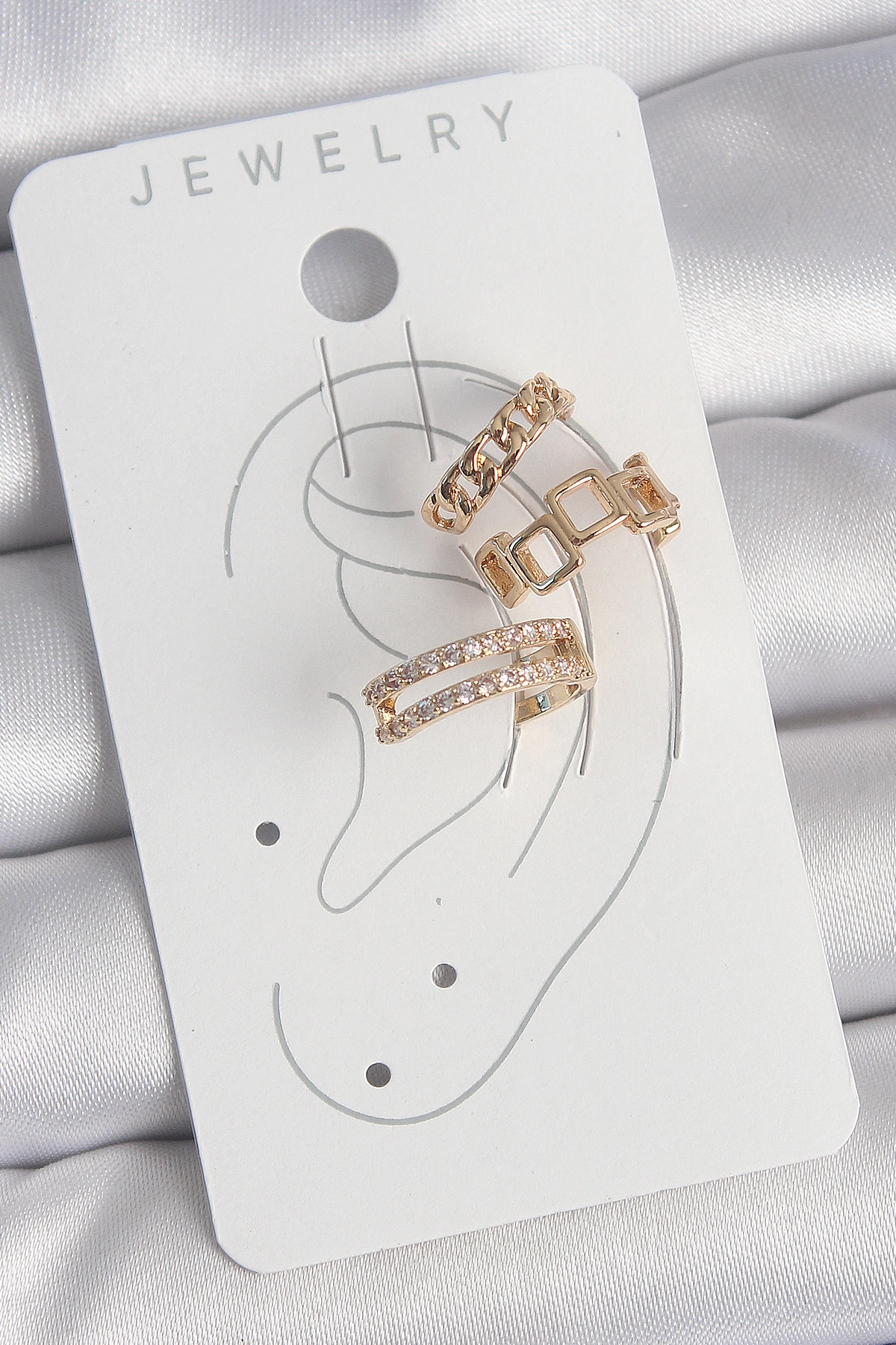 Pirinç Gold Renk Zirkon Taşlı Kare Zincir Model Kadın Kıkırdak Küpe