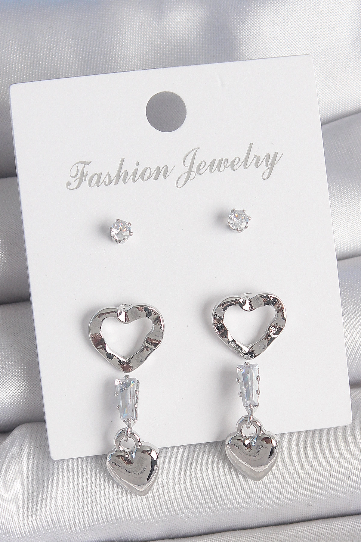 Pirinç Gümüş Renk Zirkon Taş Detaylı Sallantı Model 2 Çift Kadın Küpe Seti