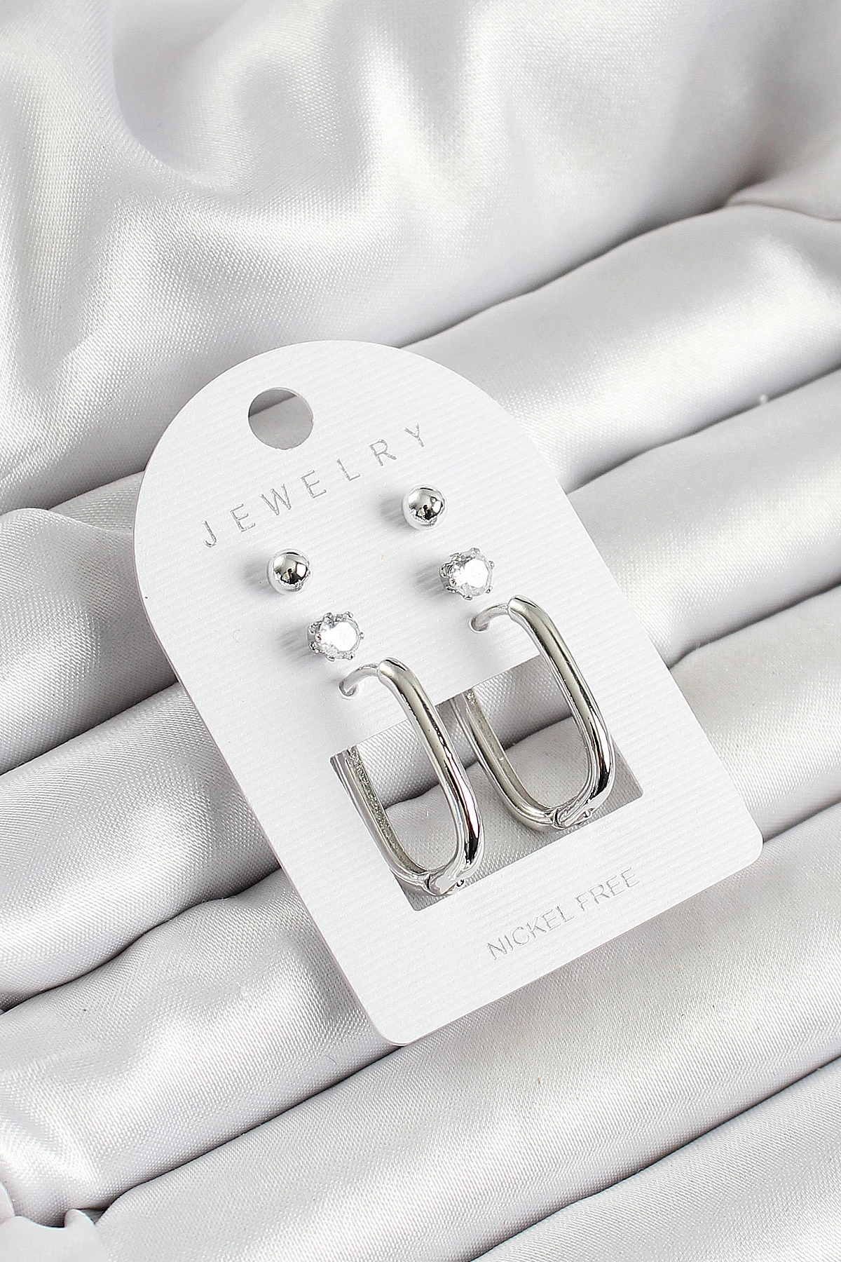 Pirinç Zirkon Taş Ve Dikdörtgen Figürlü Gümüş Renk 3'lü Çift Kadın Küpe Set