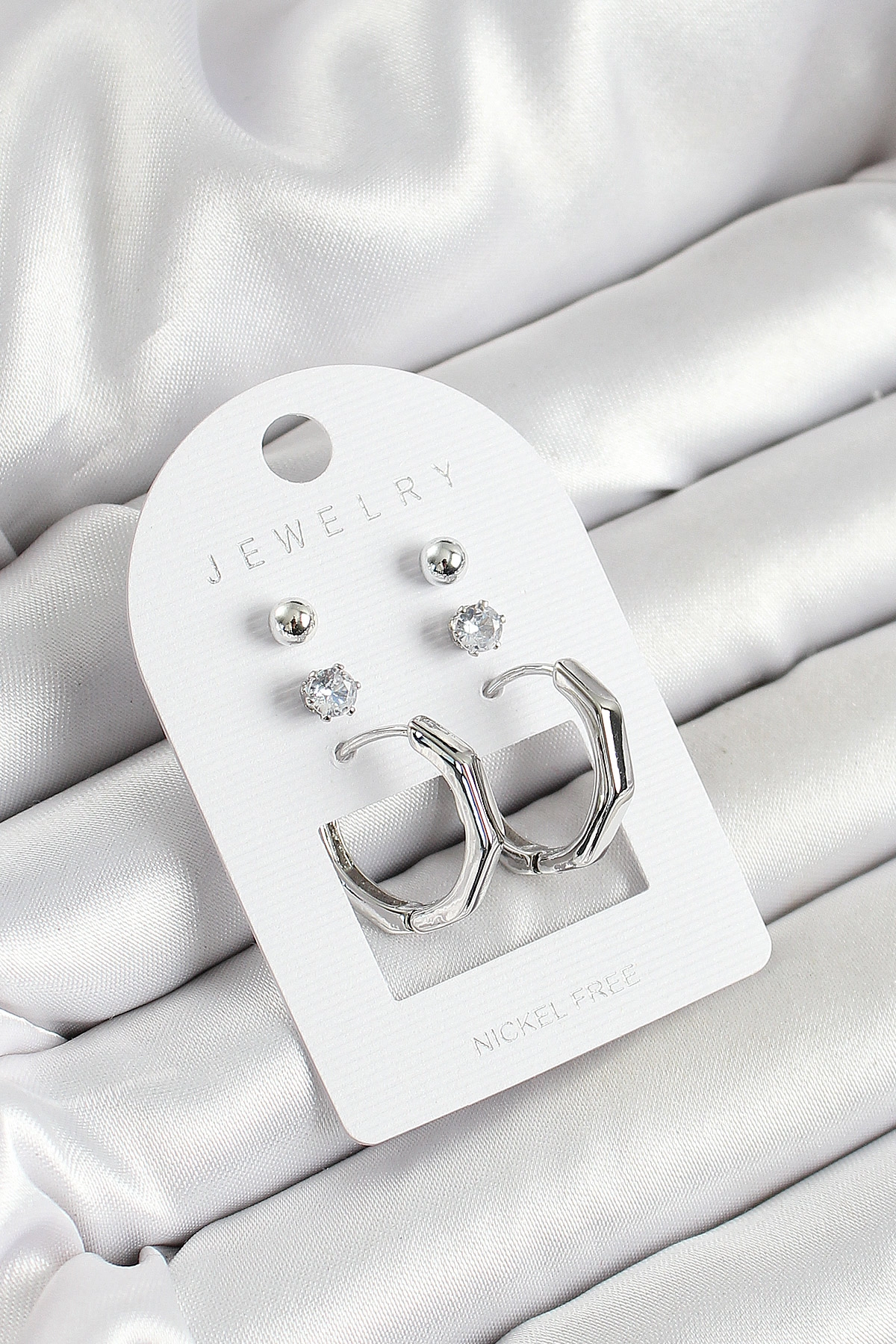 Pirinç Zirkon Taş Ve Kemik Halka Figürlü Gümüş Renk 3'lü Çift Kadın Küpe Set