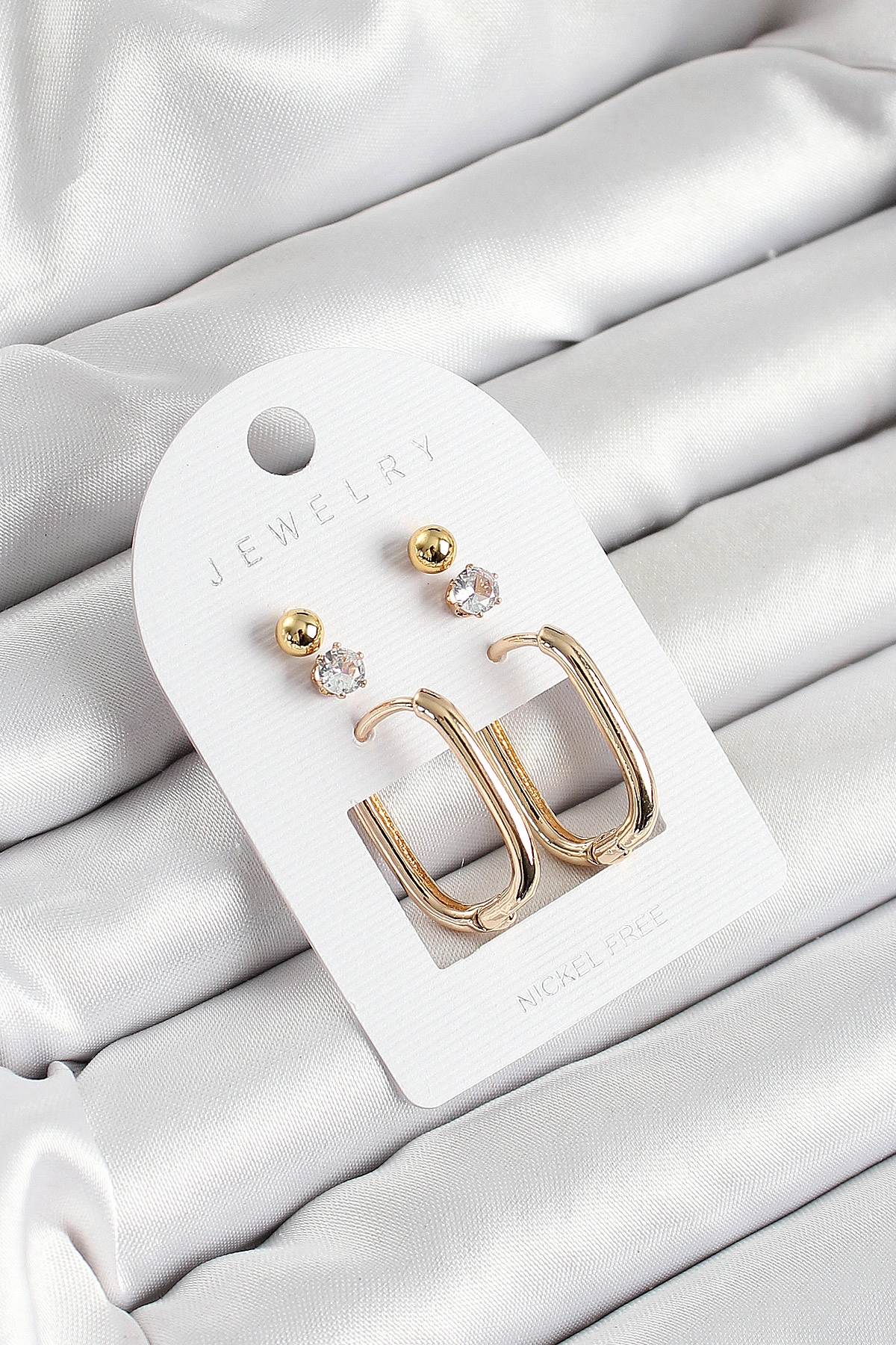 Pirinç Zirkon Taş Ve Dikdörtgen Figürlü Gold Renk 3'lü Çift Kadın Küpe Set