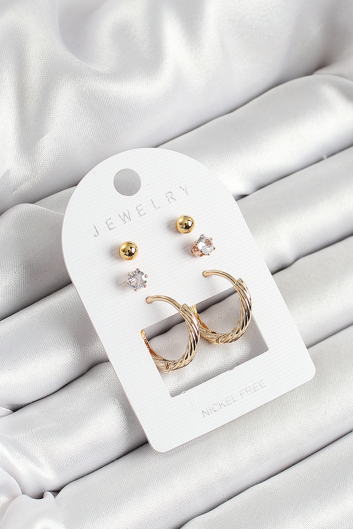 Pirinç Zirkon Taş Ve Halka Figürlü Gold Renk 3'lü Çift Kadın Küpe Set