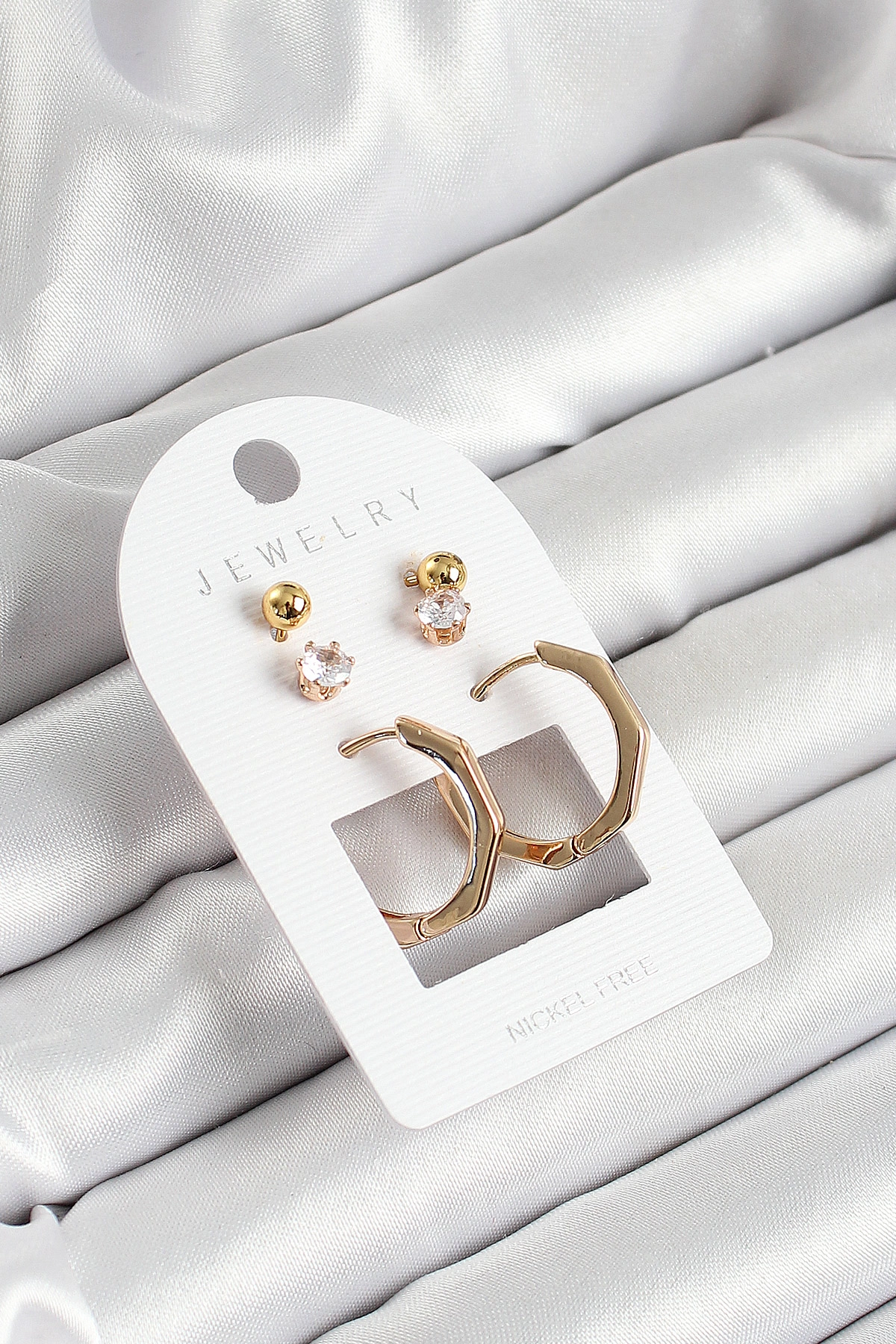 Pirinç Zirkon Taş Ve Kemik Halka Figürlü Gold Renk 3'lü Çift Kadın Küpe Set