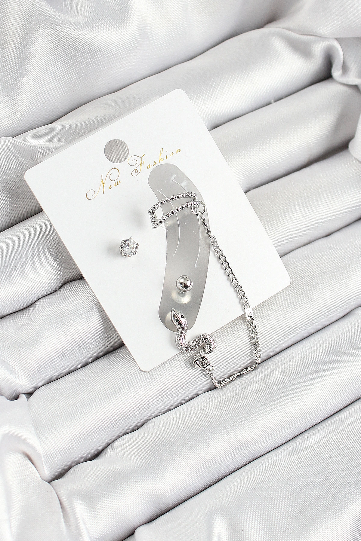 Pirinç Yılan Figürlü Zirkon Taşlı Gümüş Renk 3'lü Kıkırdak Kadın Küpe Set