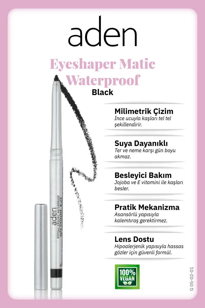 Aden Waterproof Matic Eyeshaper - Asansörlü Göz Kalemi 01 Black(Siyah)