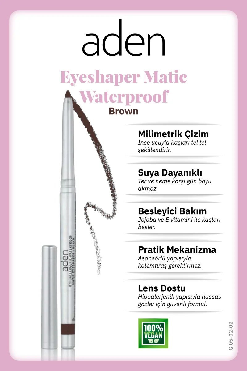 Aden Waterproof Matic Eyeshaper - Asansörlü Göz Kalemi 02 Brown(Kahverengi)
