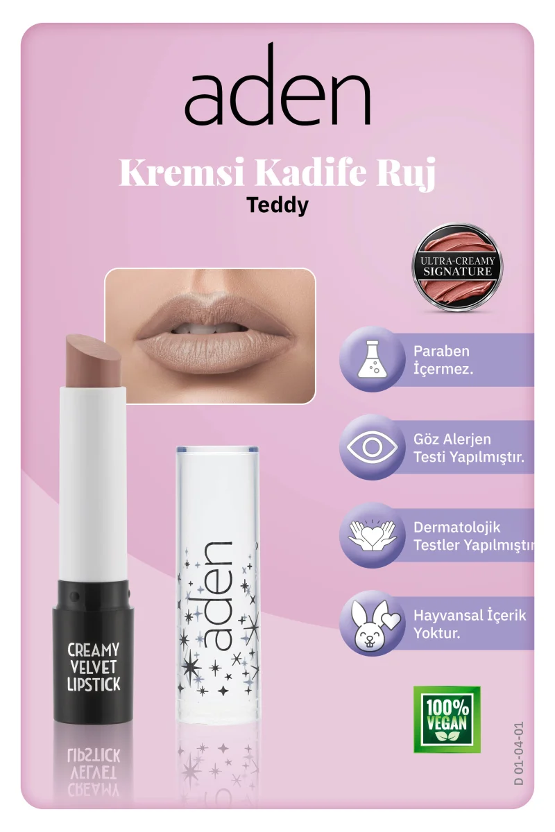Aden Creamy Velvet Lipstick - Kremsi Kadife Ruj 01 Teddy(Sütlü Kahve)