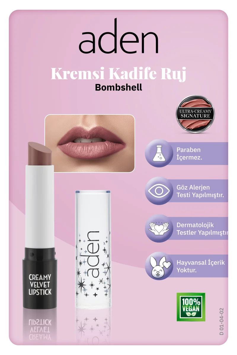 Aden Creamy Velvet Lipstick - Kremsi Kadife Ruj 02 Bombshell(Gül Pembesi)